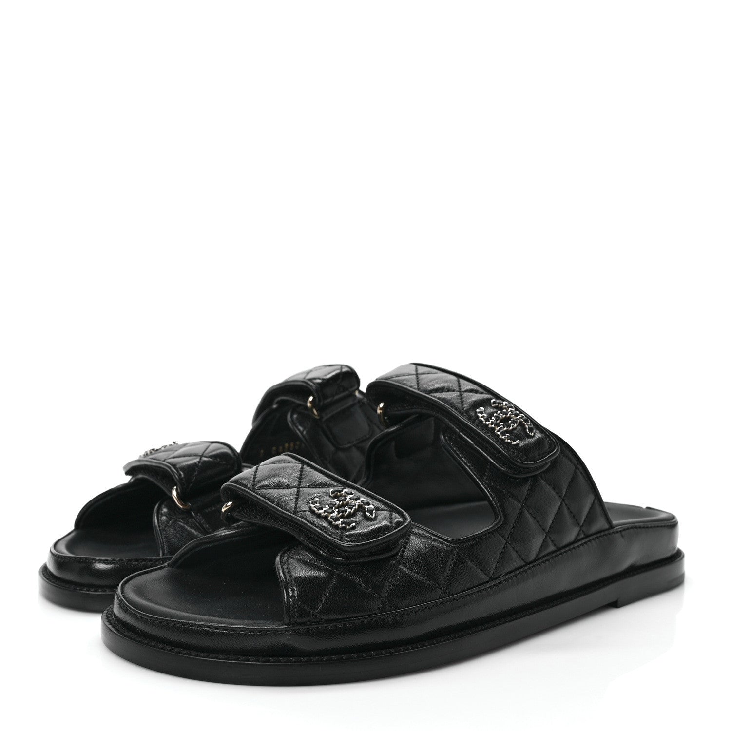 Chanel Lambskin Quilted Velcro Dad Chain CC Slide Sandals 40 Black 3 of 9