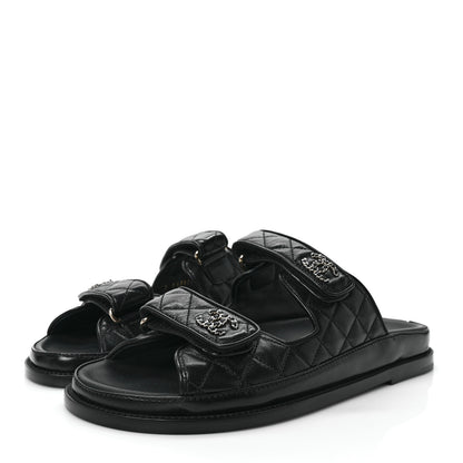 Chanel Lambskin Quilted Velcro Dad Chain CC Slide Sandals 40 Black 3 of 9