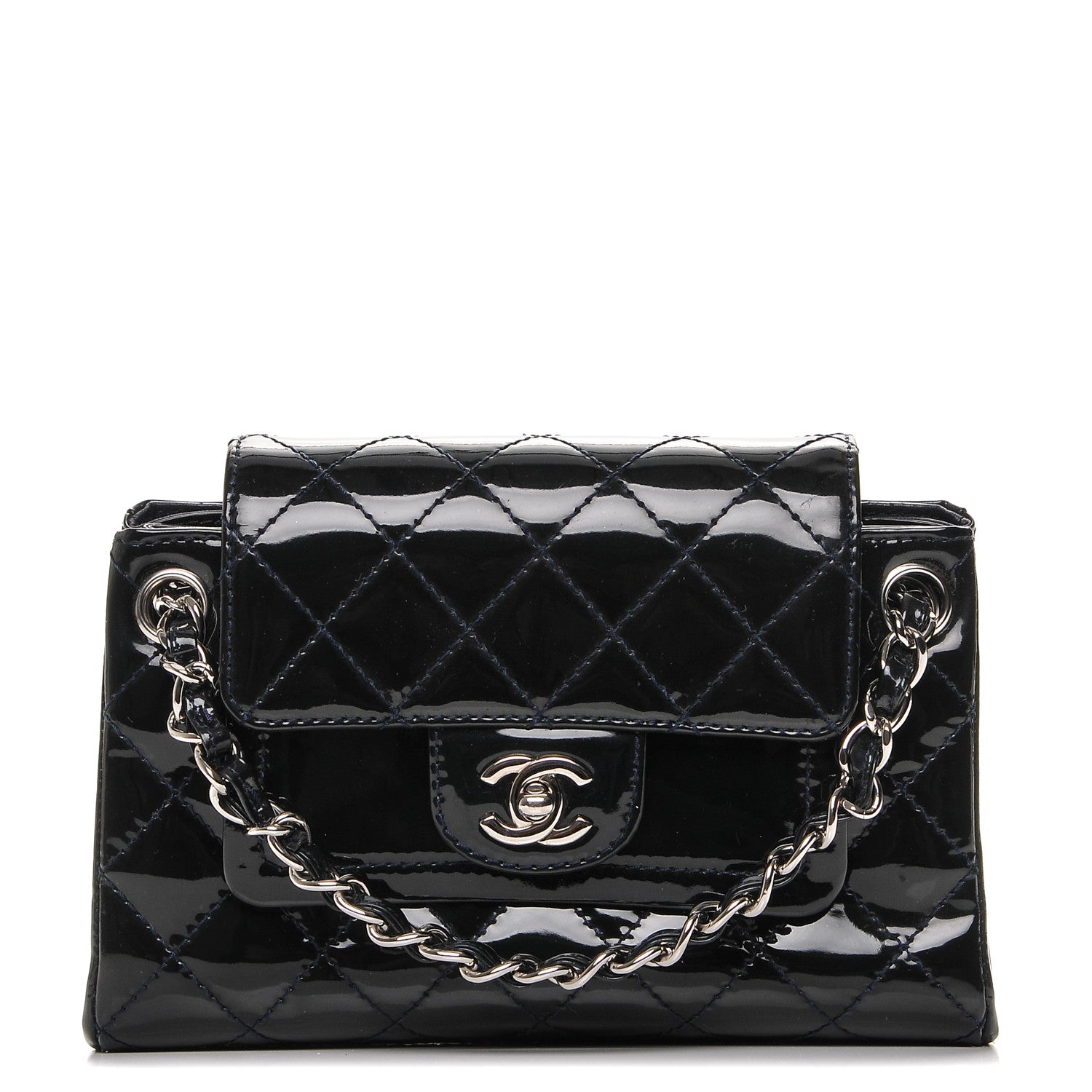 Chanel Patent Quilted Accordion Double Flap Navy Blue 1 of 8