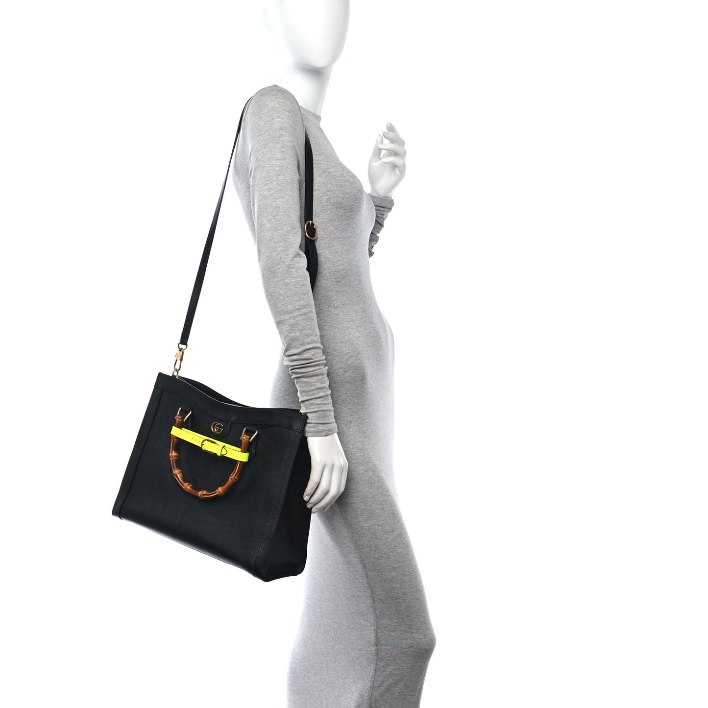Calfskin Medium Diana Tote Bag Black Yellow Fluo