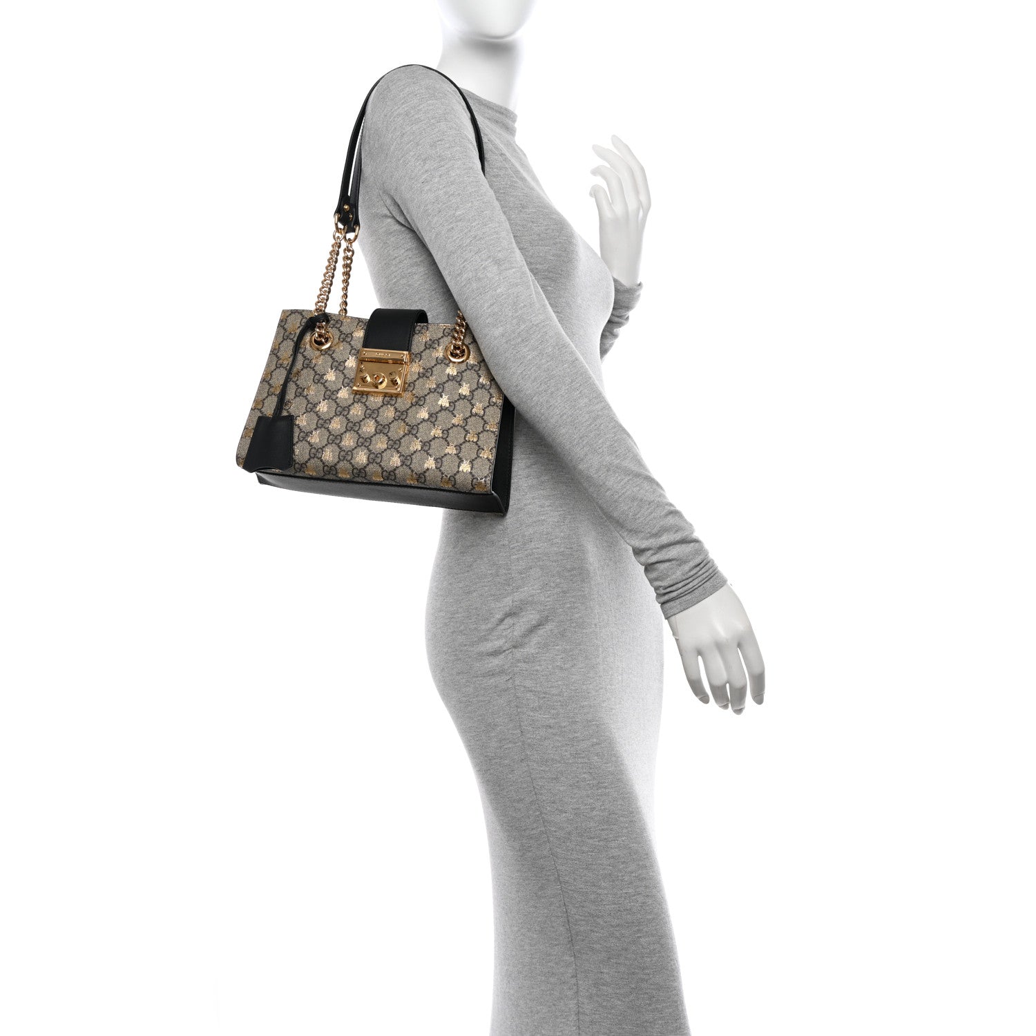 Gucci GG Supreme Monogram Bees Small Padlock Tote Beige Oro Black 2 of 12