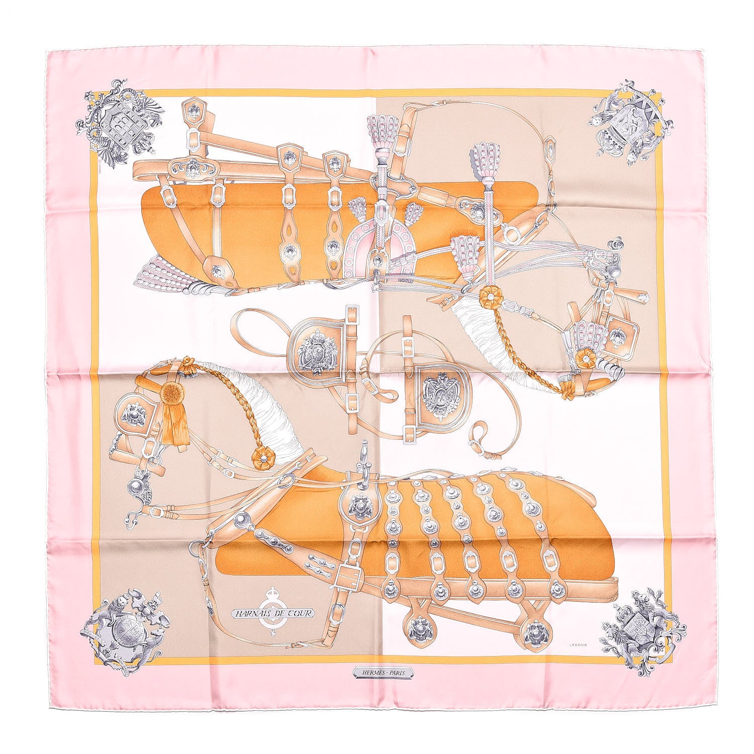 Hermes Silk Harnais De Cour Scarf 90 Rose Beige Caramel 1 of 5