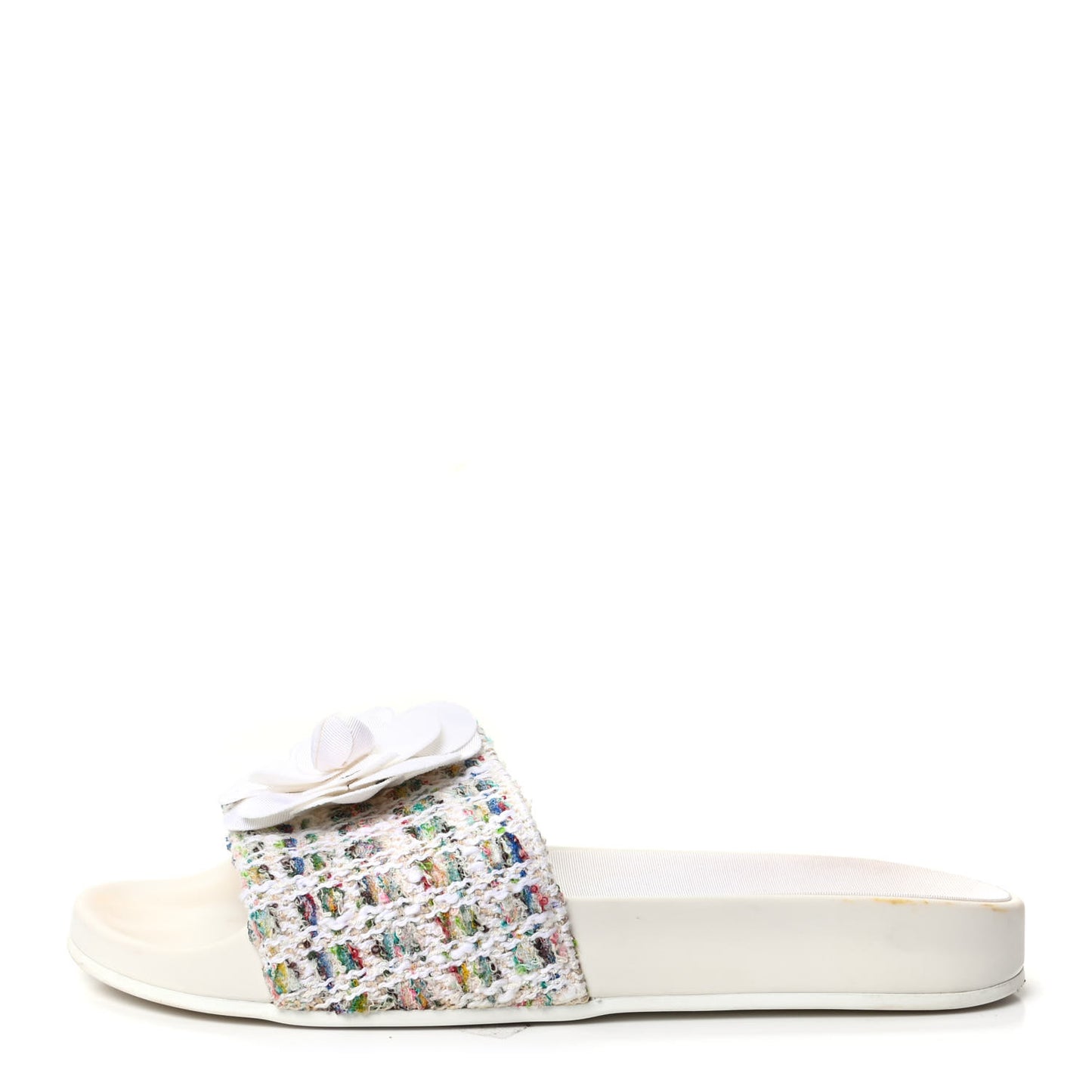 Tweed Grosgrain Camellia Flat Sandals 38 Ivory Ecru Green