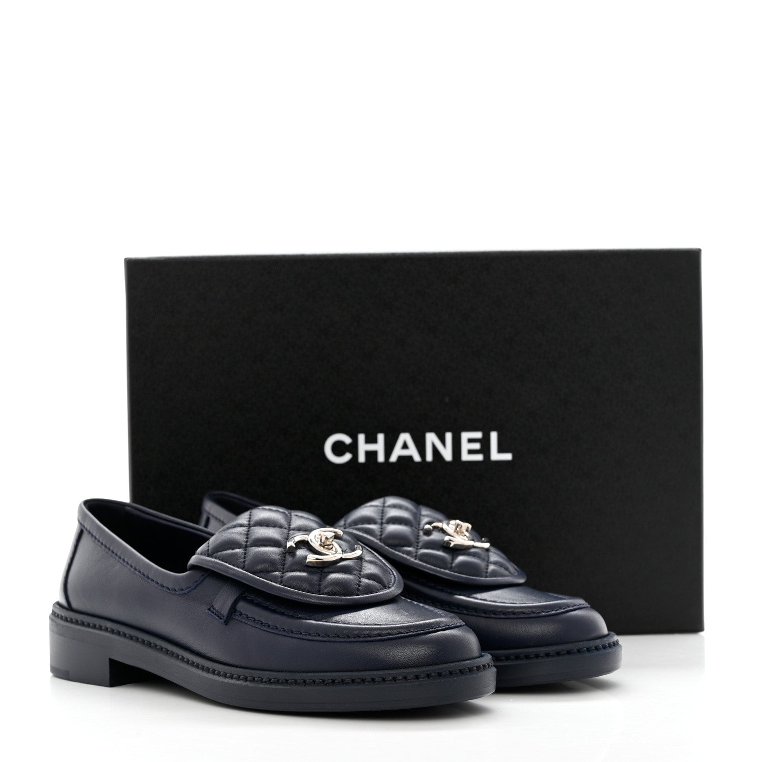 Chanel Lambskin Quilted CC Turnlock Loafers 37 Navy 10 of 10