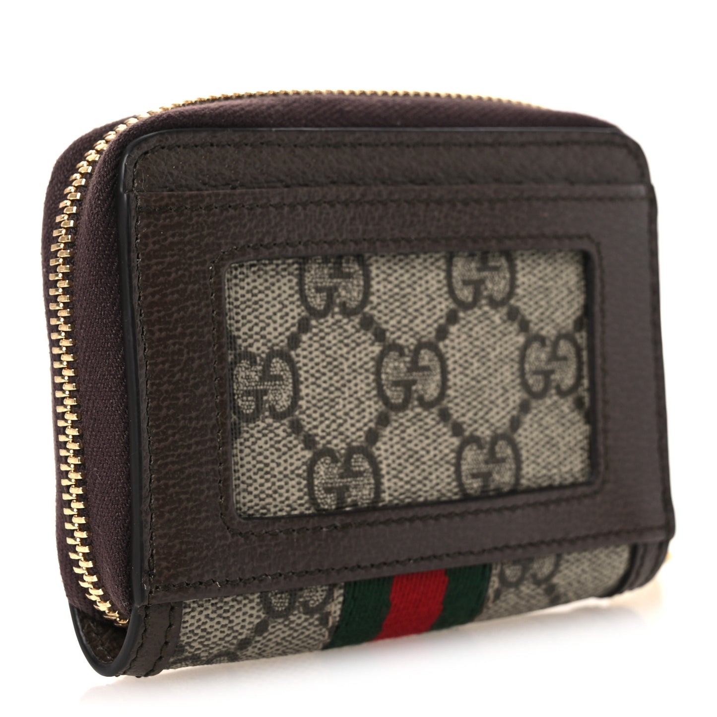 GG Supreme Monogram Textured Dollar Calfskin Web Ophidia Zip Around Card Case Wallet Beige Ebony New Acero
