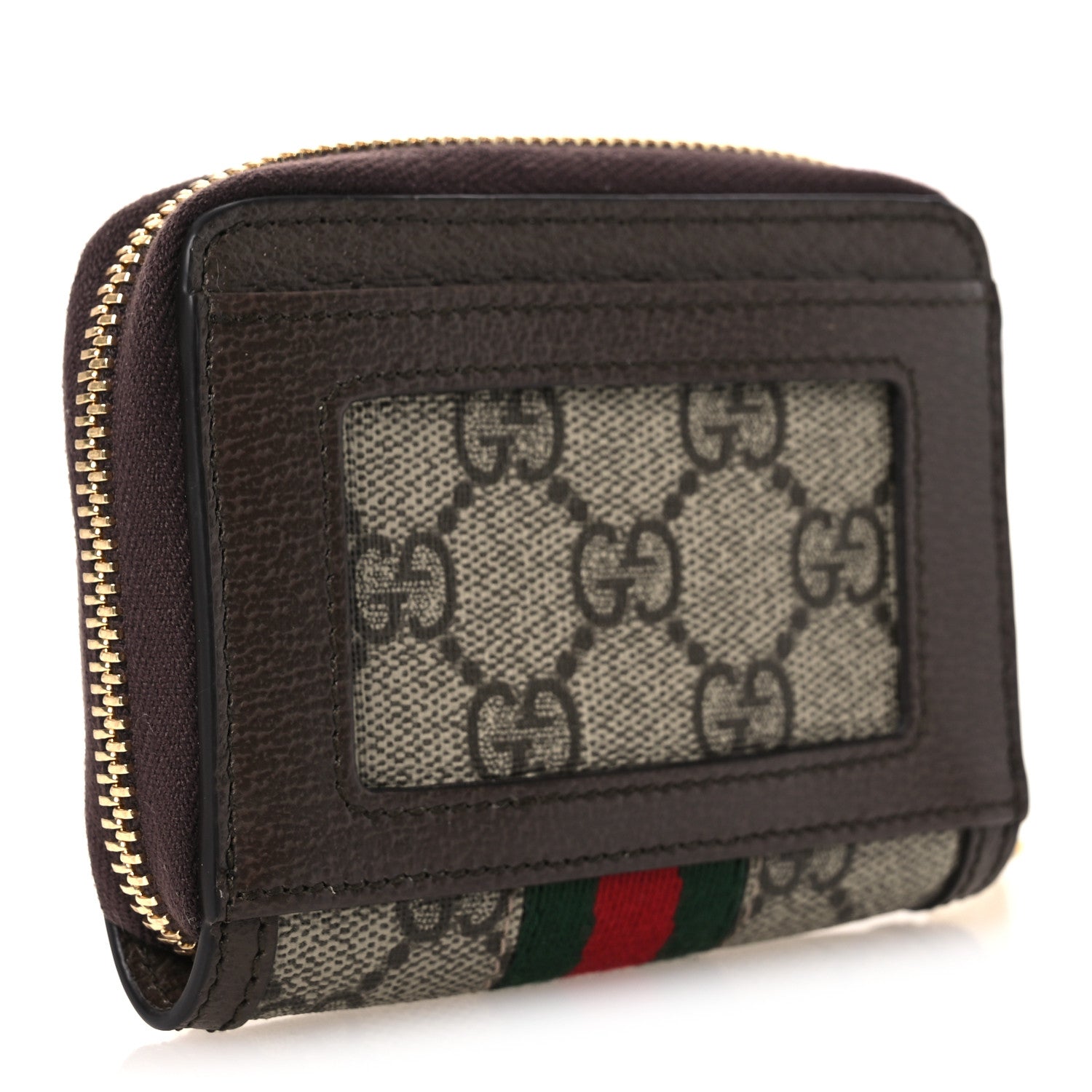 Gucci GG Supreme Monogram Textured Dollar Calfskin Web Ophidia Zip Around Card Case Wallet Beige Ebony New Acero 3 of 8