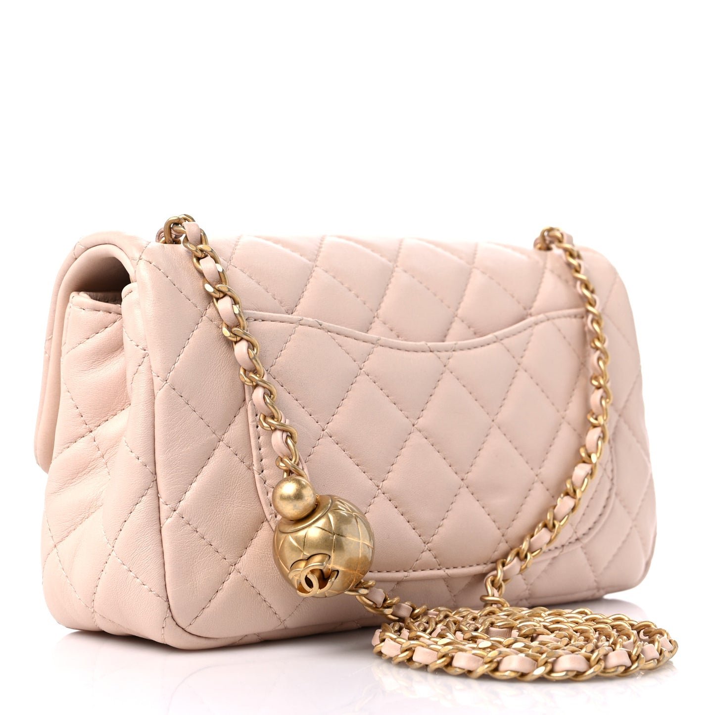 Lambskin Quilted Mini Rectangular Pearl Crush Flap Light Beige
