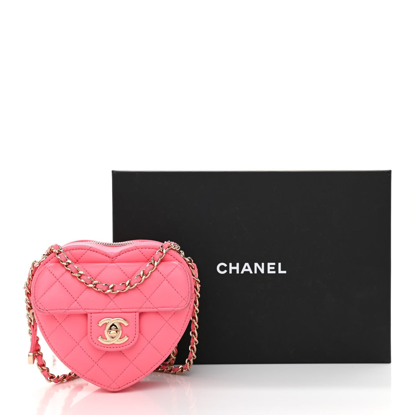 Lambskin Quilted CC In Love Heart Clutch With Chain Pink