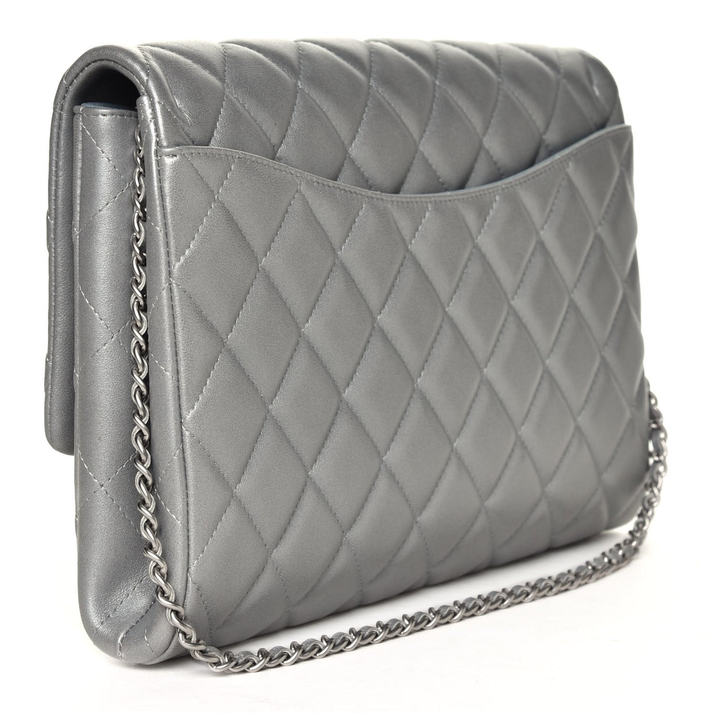 Metallic Lambskin Quilted Clutch With Chain Flap Silver