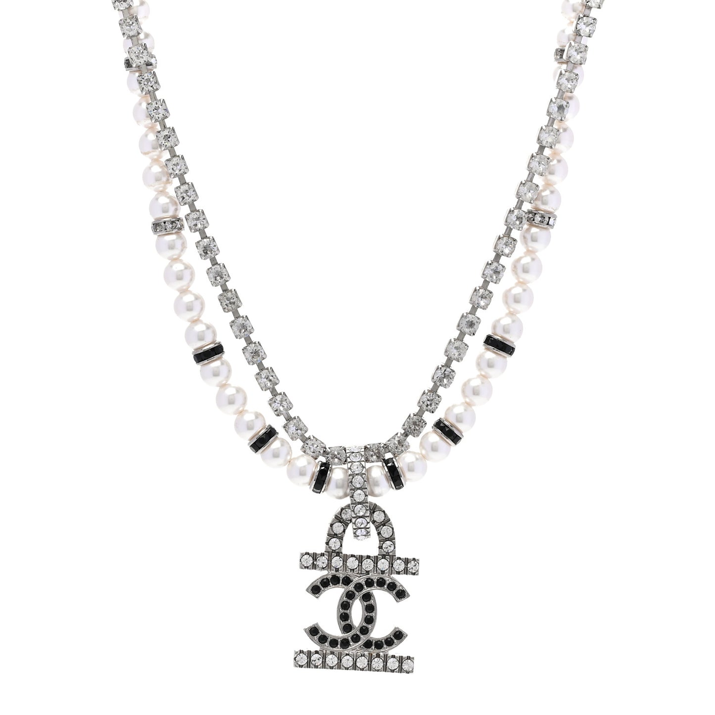 Pearl Crystal CC Choker Necklace Silver White Black