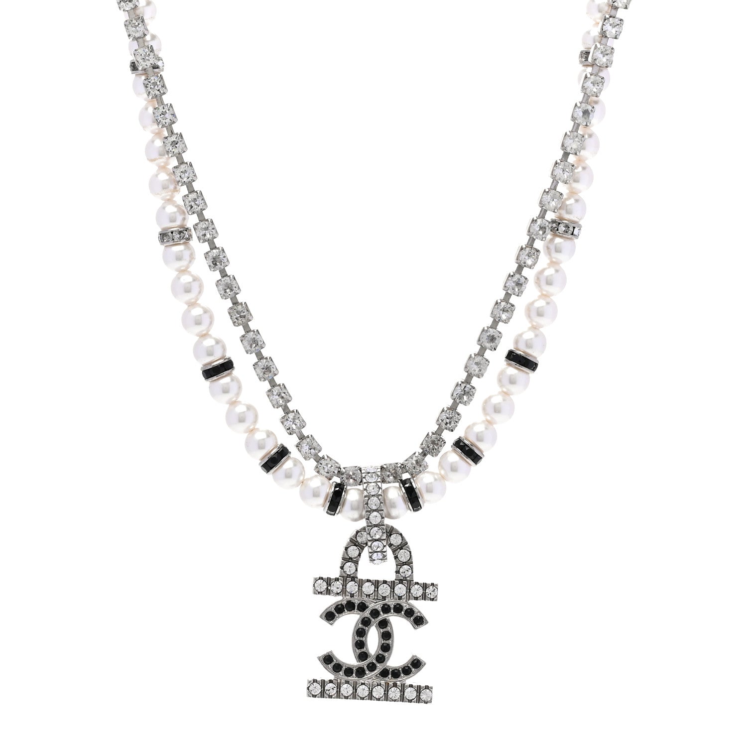 Chanel Pearl Crystal CC Choker Necklace Silver White Black 1 of 6