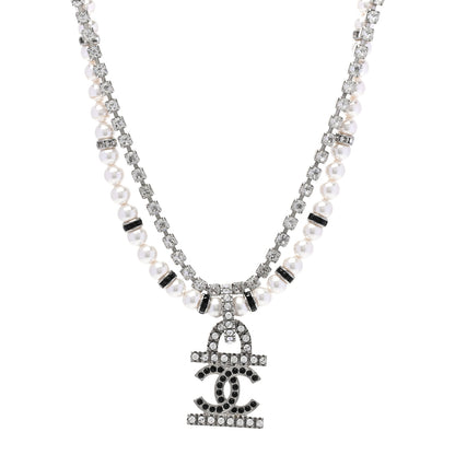 Chanel Pearl Crystal CC Choker Necklace Silver White Black 1 of 6