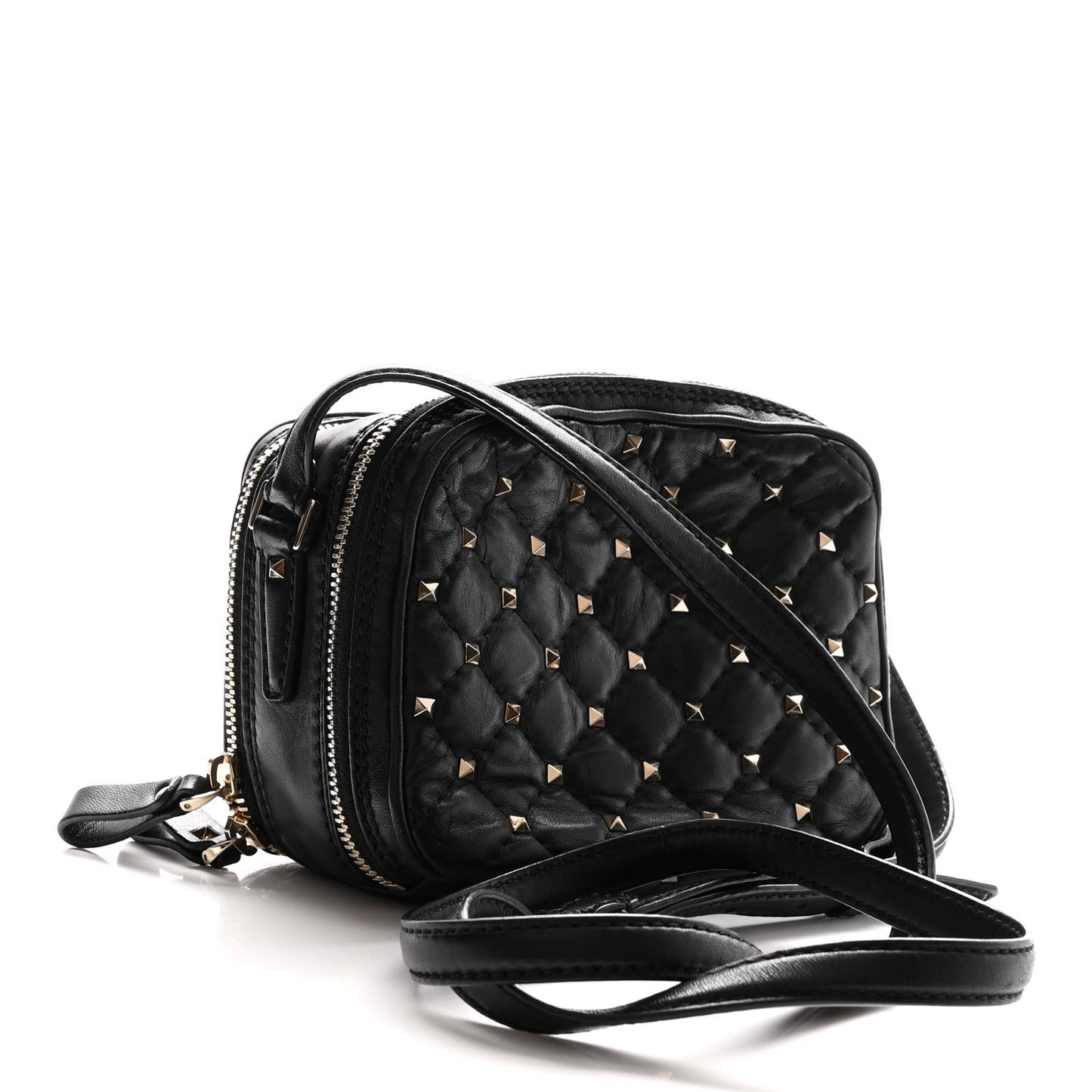 Nappa Rockstud Spike Double Zip Camera Crossbody Bag Black