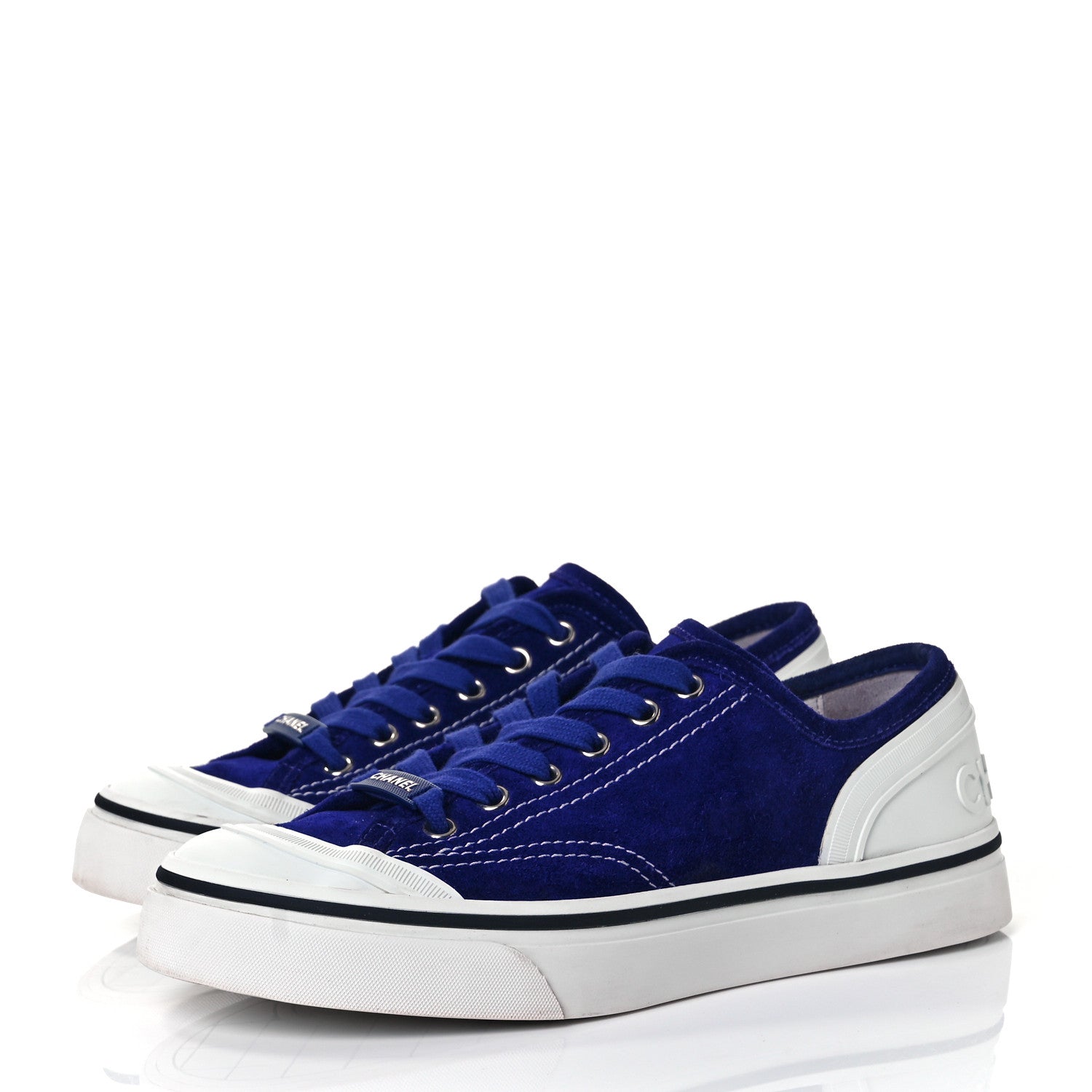 Chanel Suede Calfskin Lace Up Cap Toe Sneakers 37 Blue 3 of 9