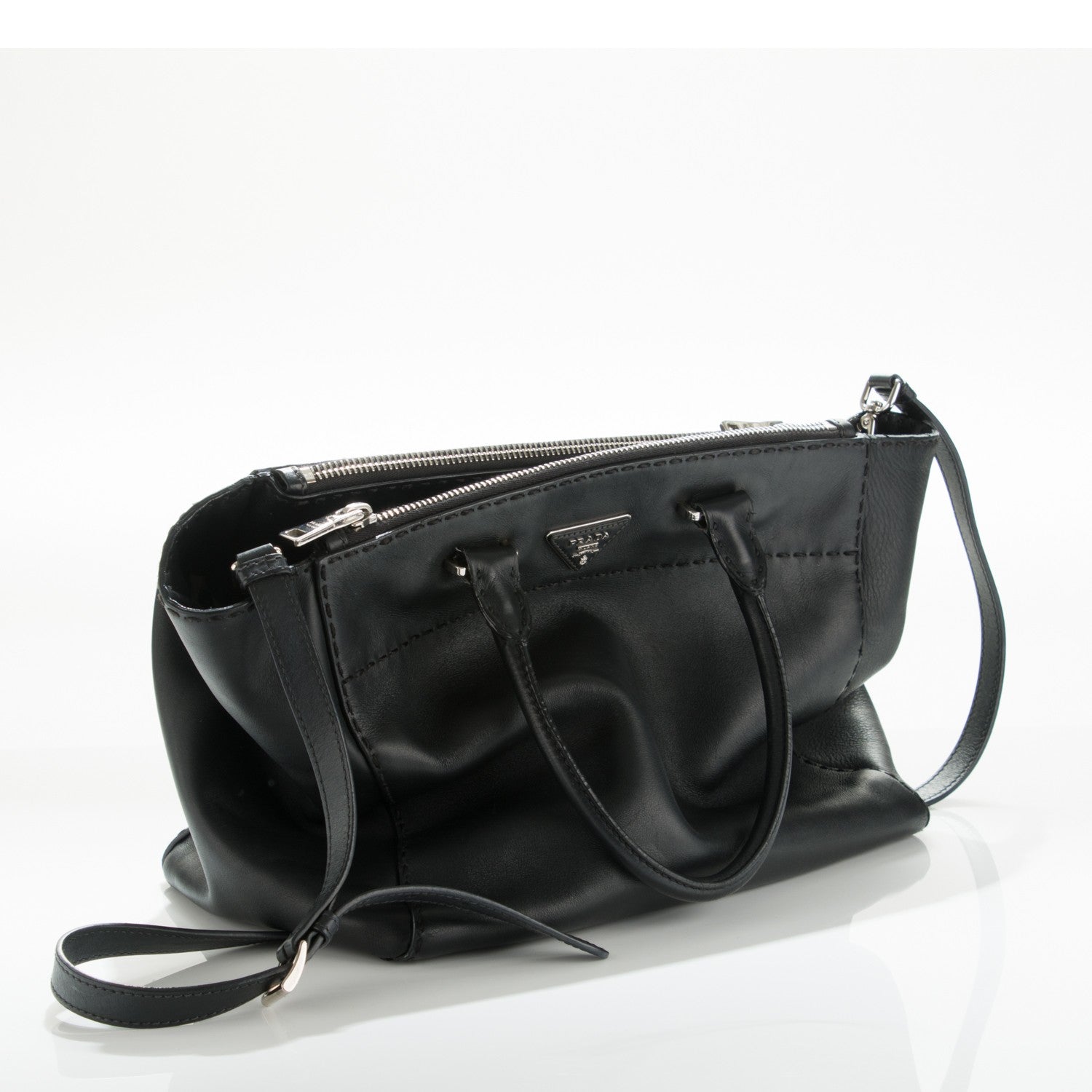 Prada City Calf Hand-Stitched Galleria Double Zip Tote Black 9 of 9