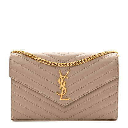 Saint Laurent Grain De Poudre Matelasse Chevron Monogram Chain Wallet Deep Beige 1 of 9