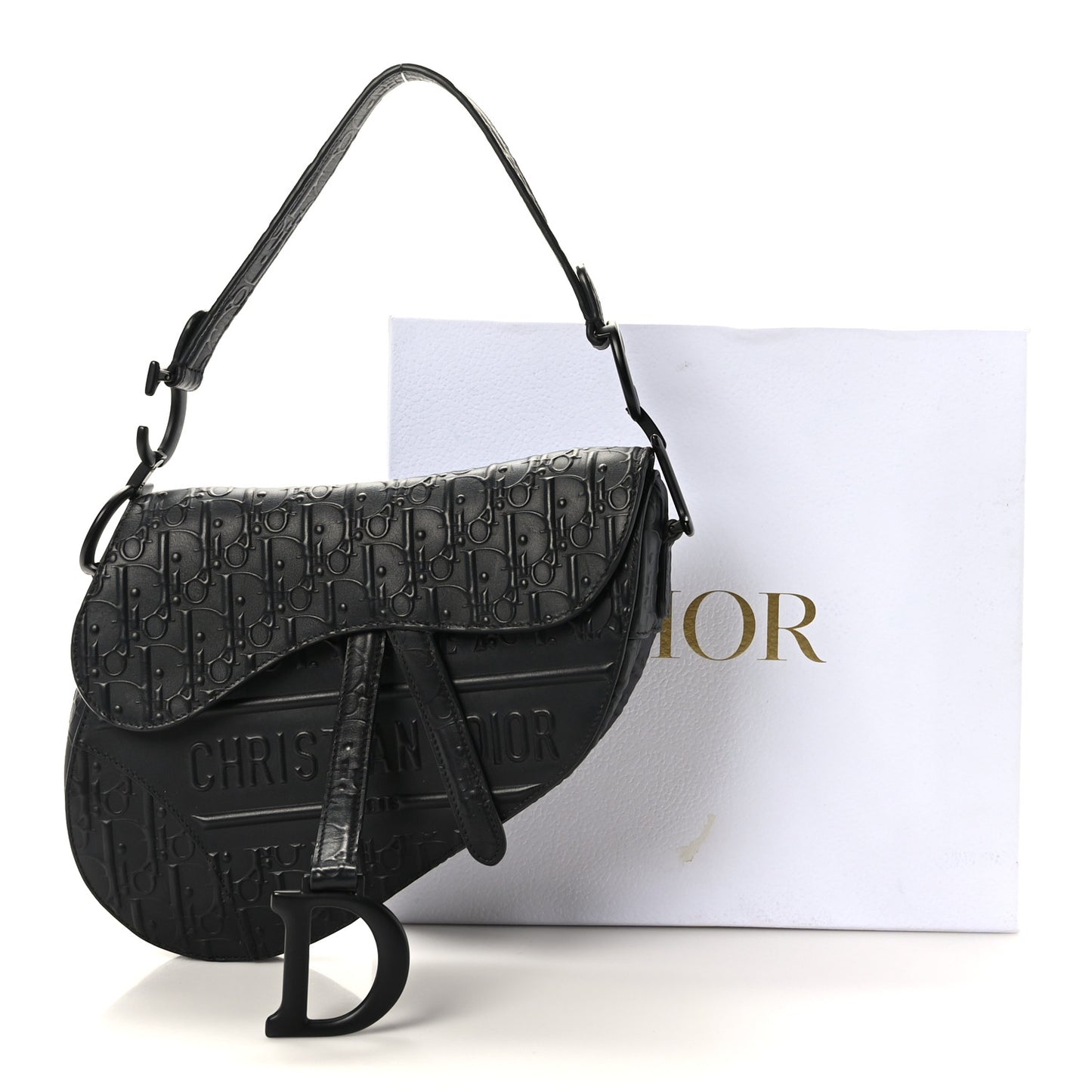 Calfskin Embossed Oblique Saddle Bag Black
