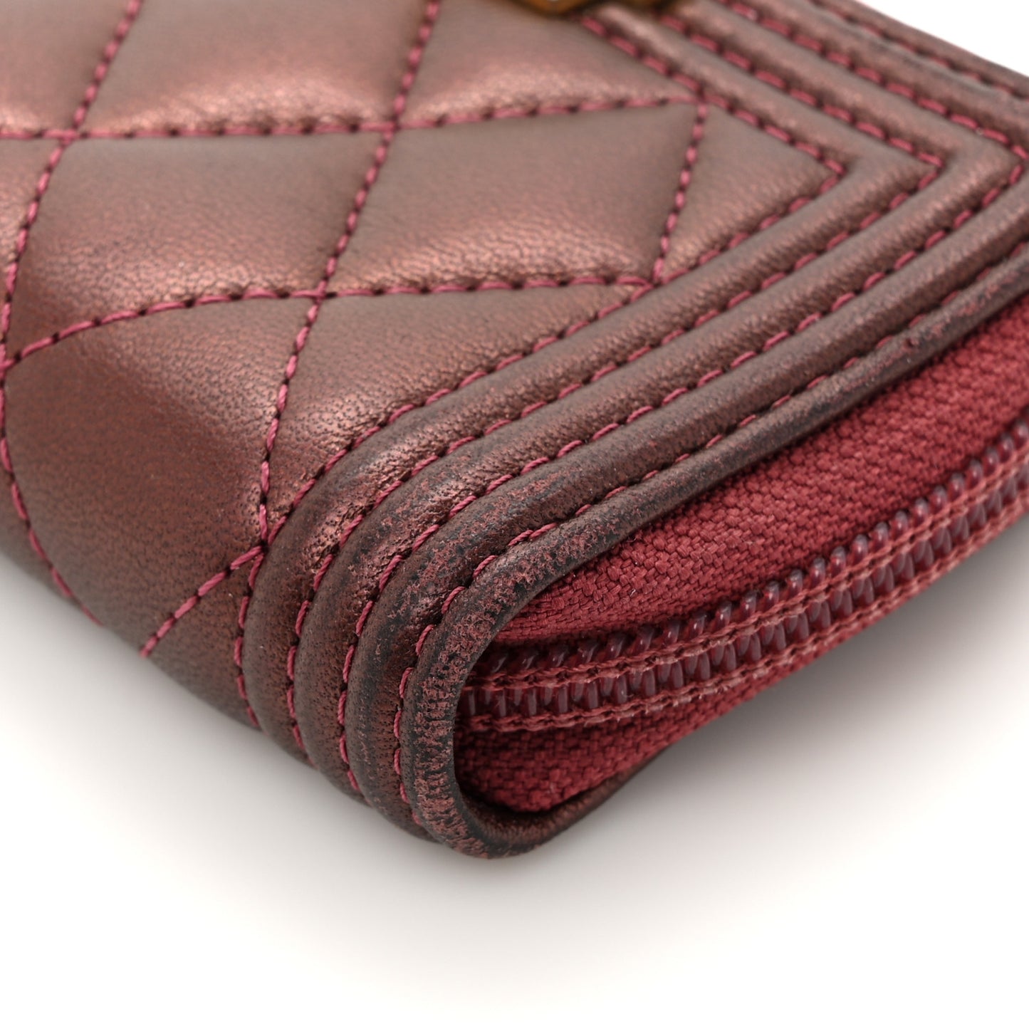 Lambskin Quilted Boy Zip Around Coin Purse Wallet Burgundy