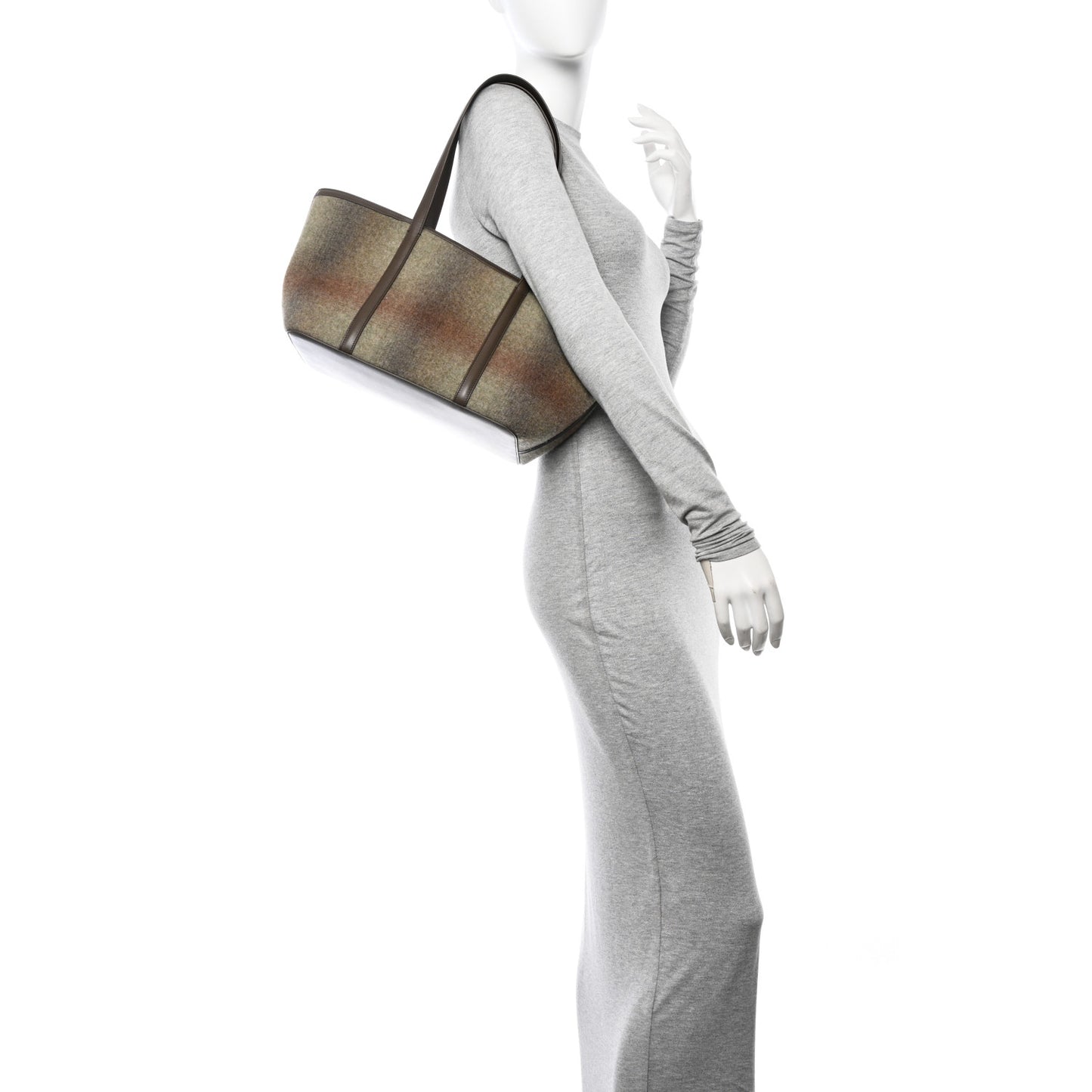 Blurred Double Cashmere Calfskin Plaid Small Carry Everything Tote Pecan Nut Green Cayenne Mel