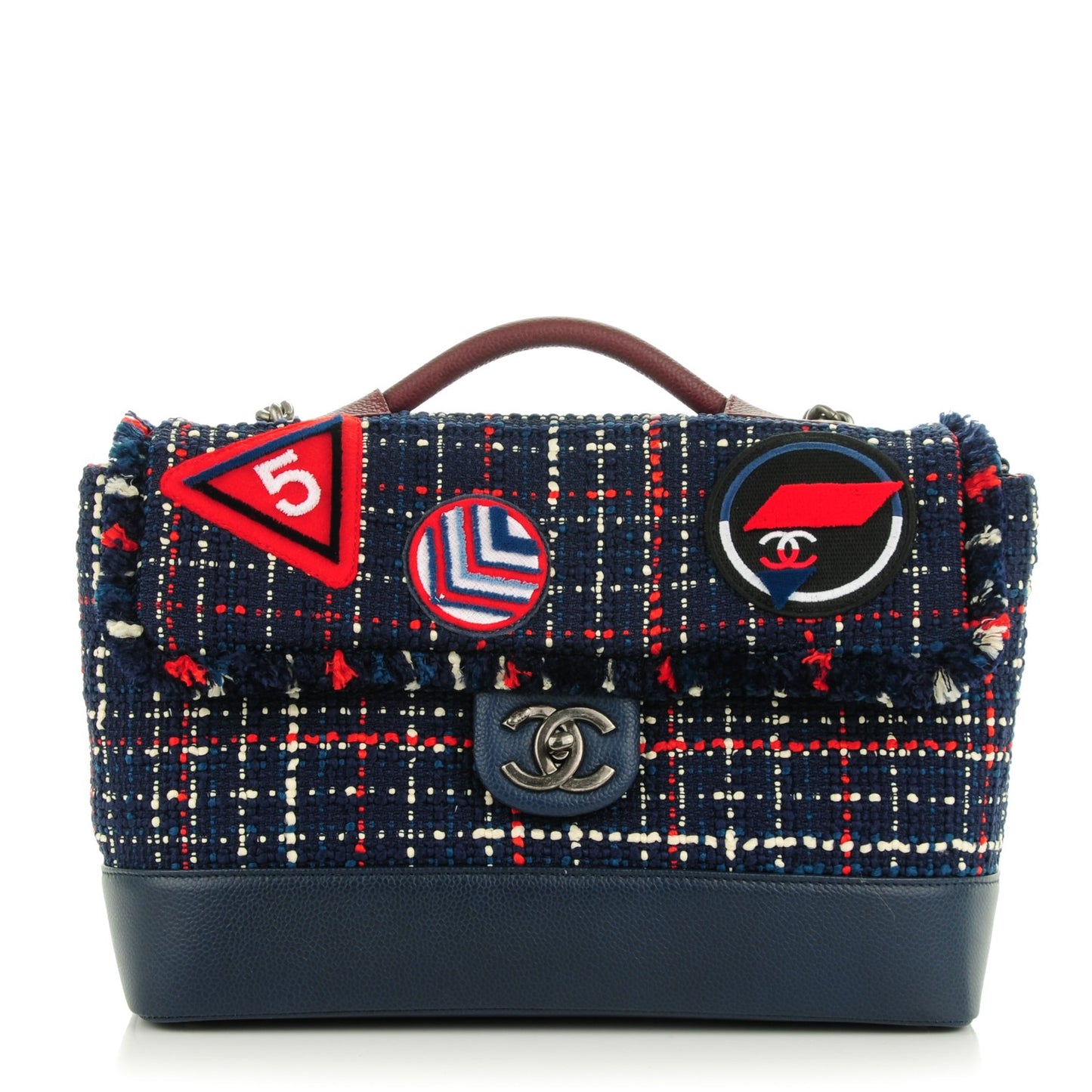 Tweed Trip Top Handle Flap Navy Burgundy