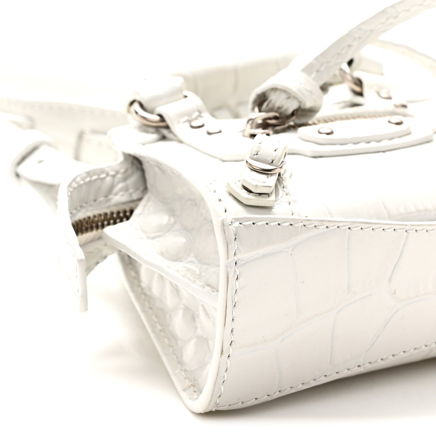 Extra Supple Calfskin Crocodile Embossed Neo Classic Silver Hardware Super Nano City Crossbody  White