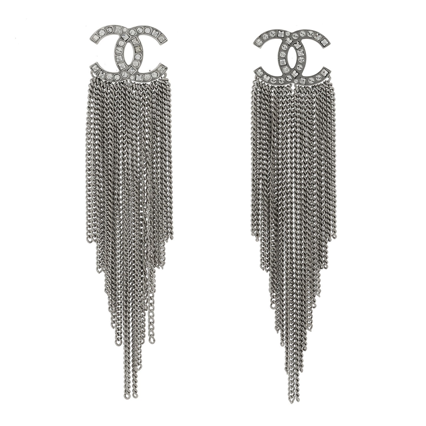 Baguette Crystal CC Chain Drop Earrings Silver