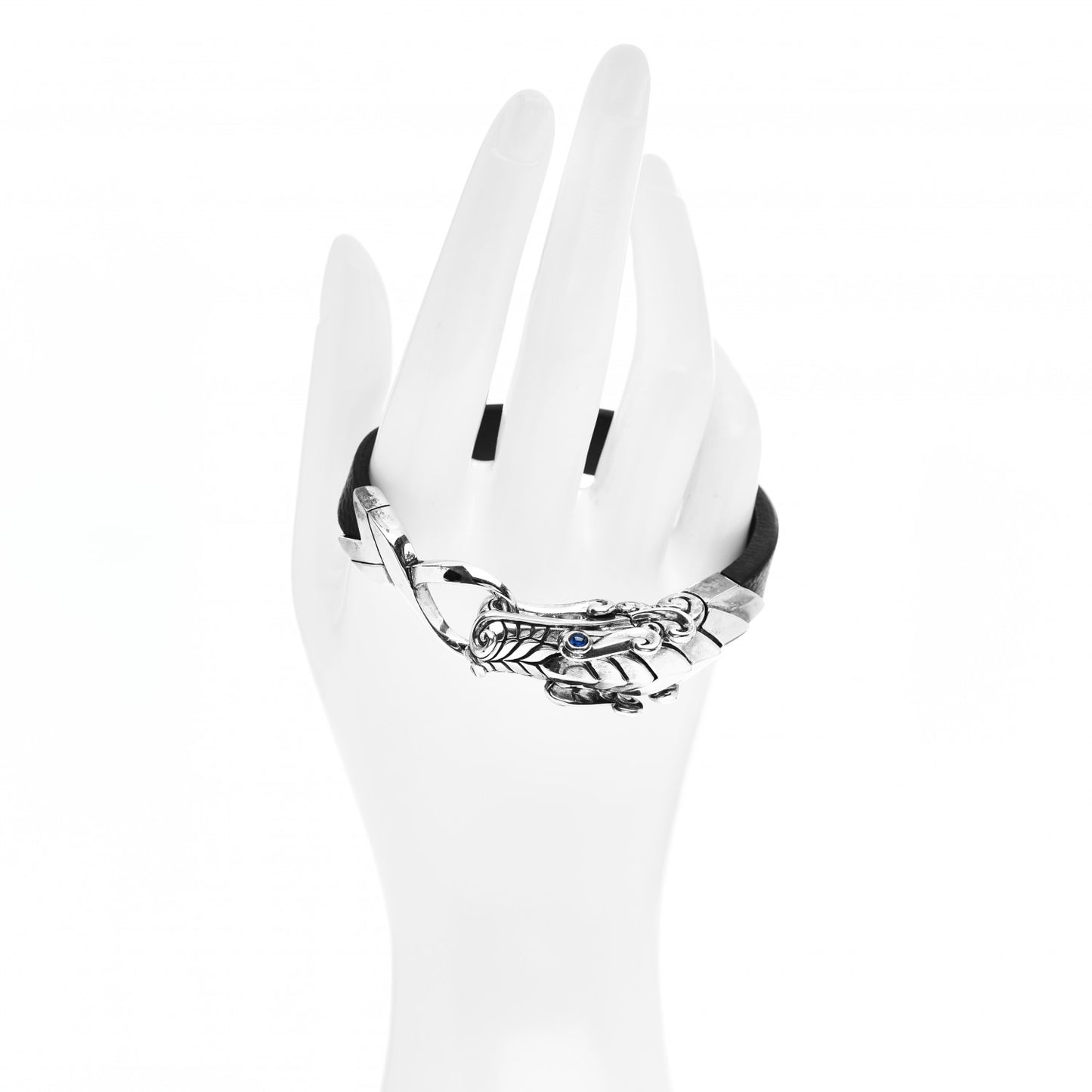 Sterling Silver Leather Blue Sapphire Naga Dragon Bracelet Black