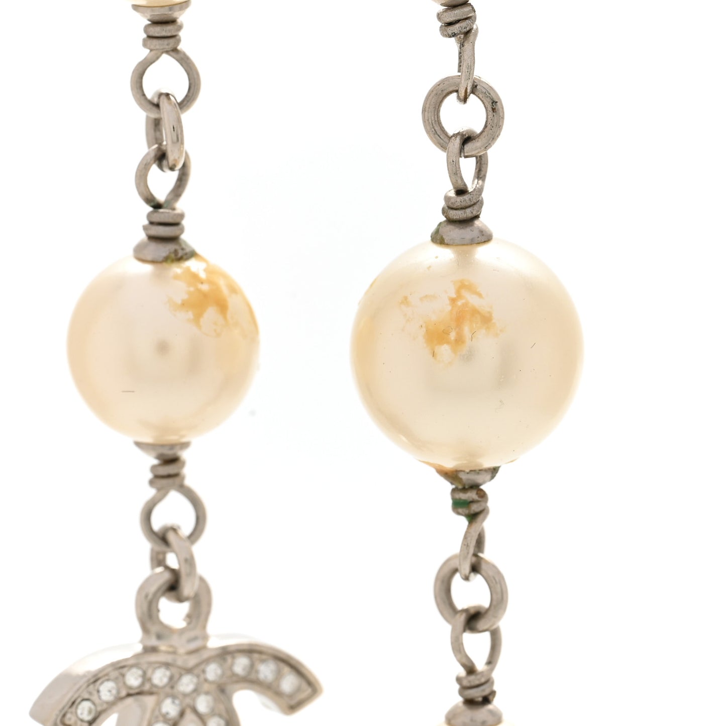 Graduated Pearl Crystal CC Long Necklace Silver