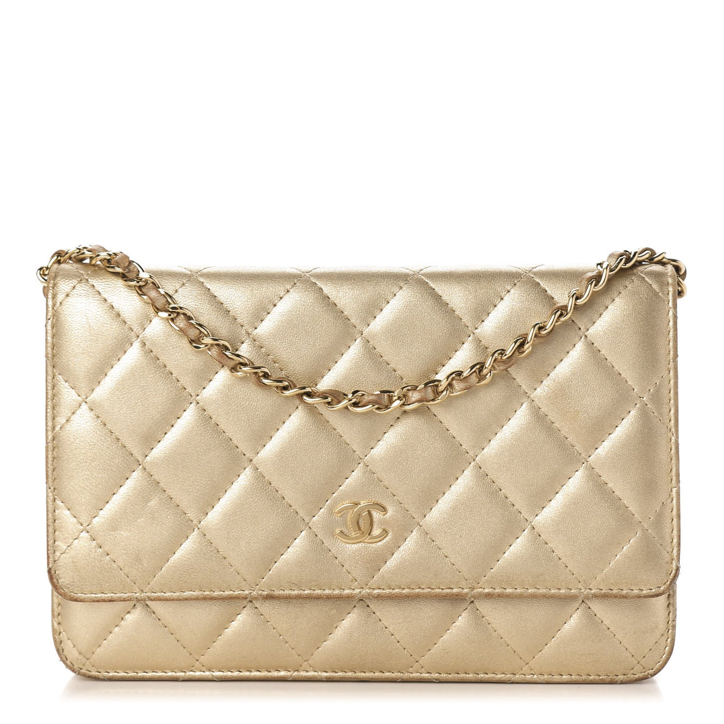 Metallic Lambskin Quilted Wallet On Chain WOC Gold