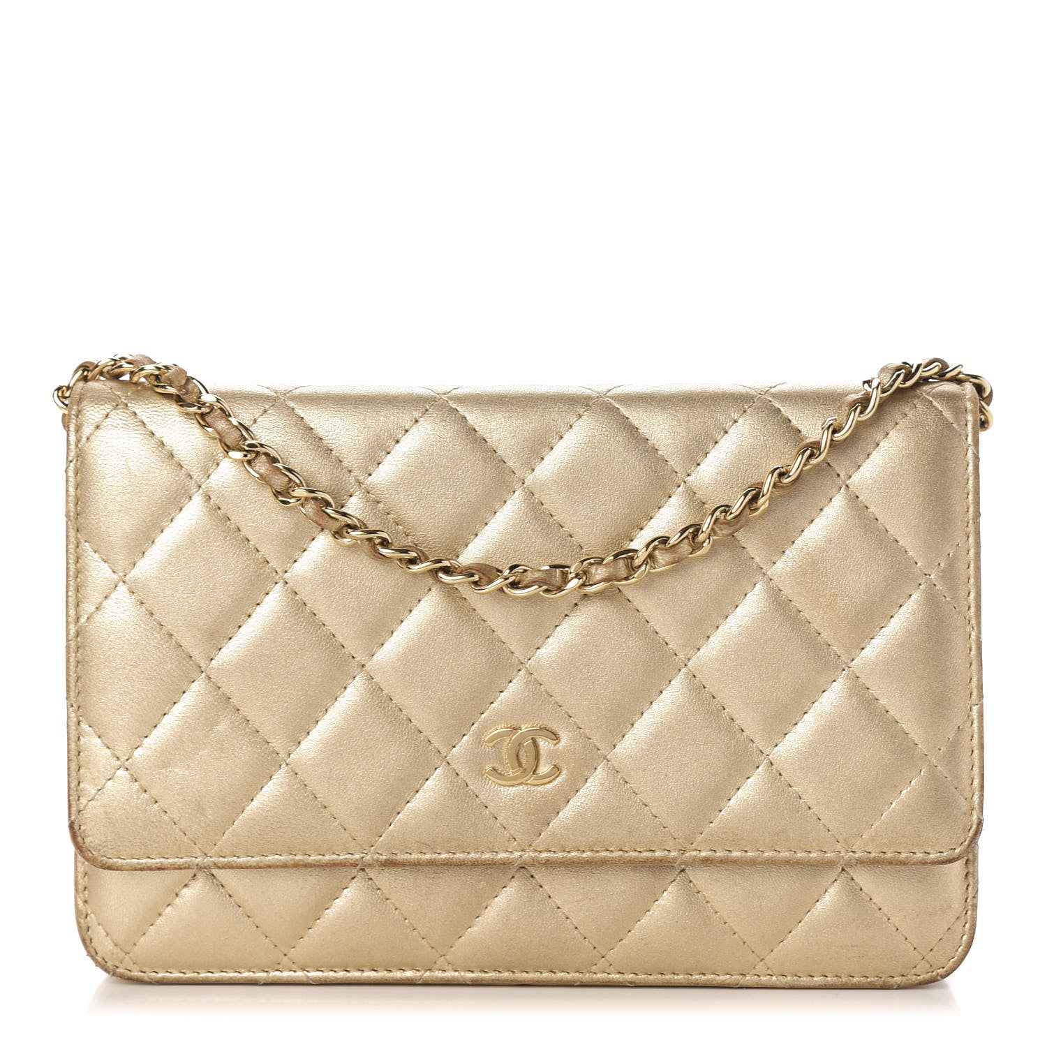 Chanel Metallic Lambskin Quilted Wallet On Chain WOC Gold 1 of 12