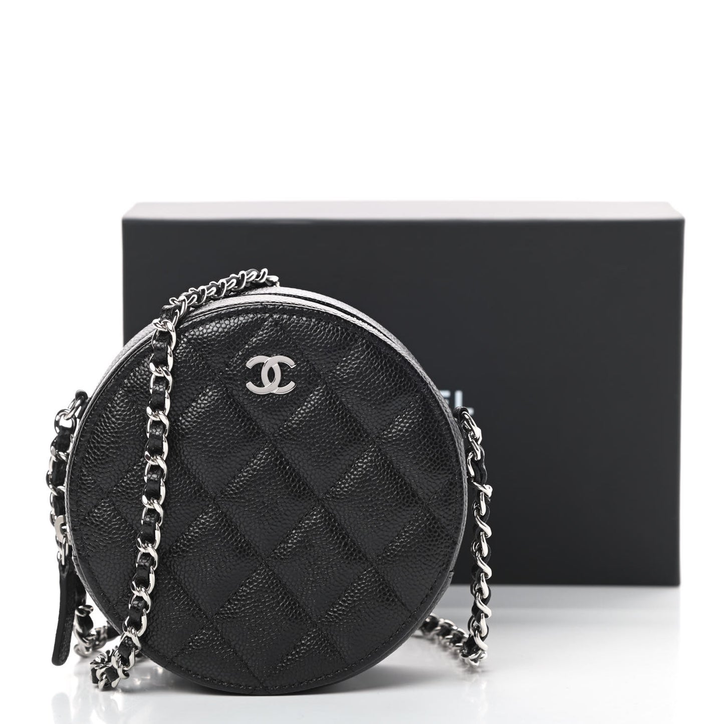 Caviar Quilted Round Clutch With Chain Black