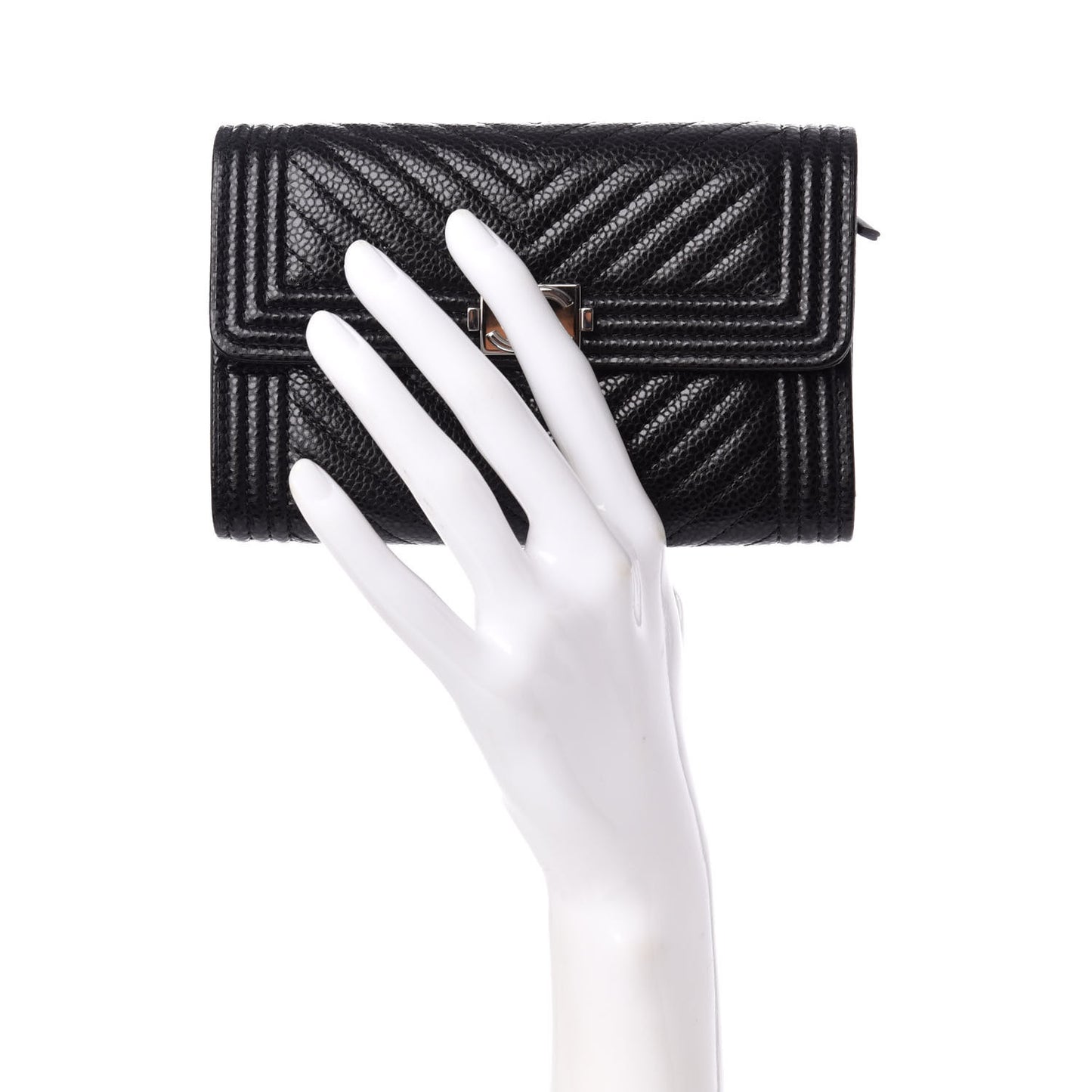 Caviar Chevron Quilted Medium Boy Flap Wallet Black