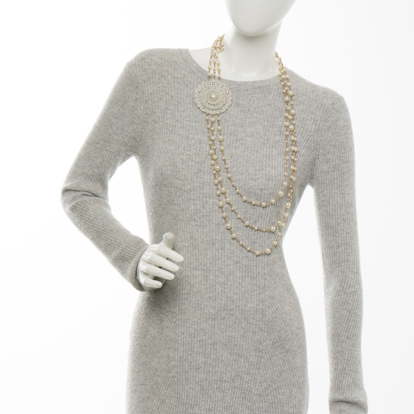 Pearl CC Triple Strand Long Necklace Gold Pearly White