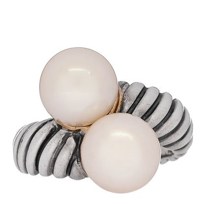 David Yurman Sterling Silver 18K Yellow Gold Freshwater Cultured Pearl Cable Bypass Ring 52 6 1 of 5