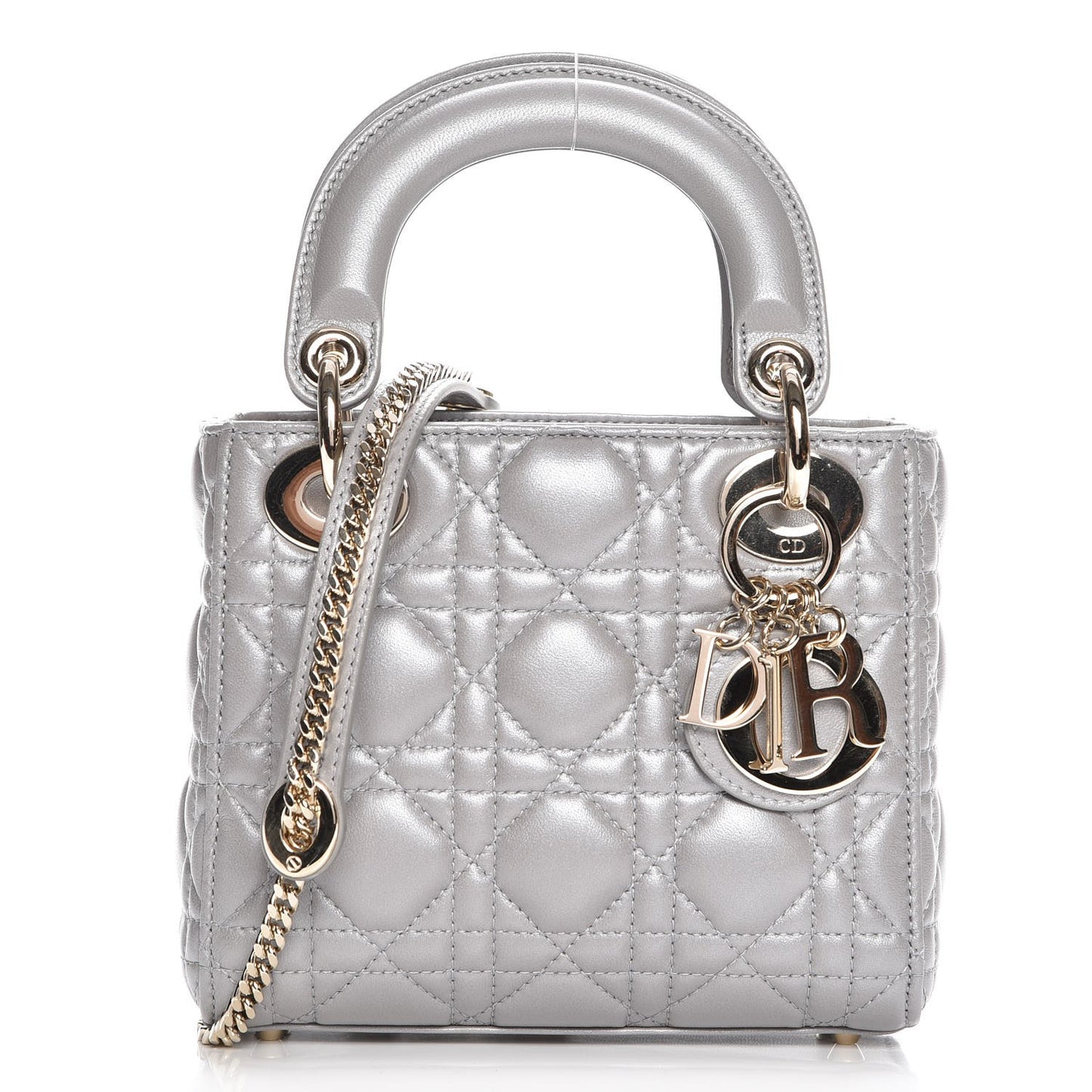 Metallic Lambskin Cannage Mini Lady Dior Grey