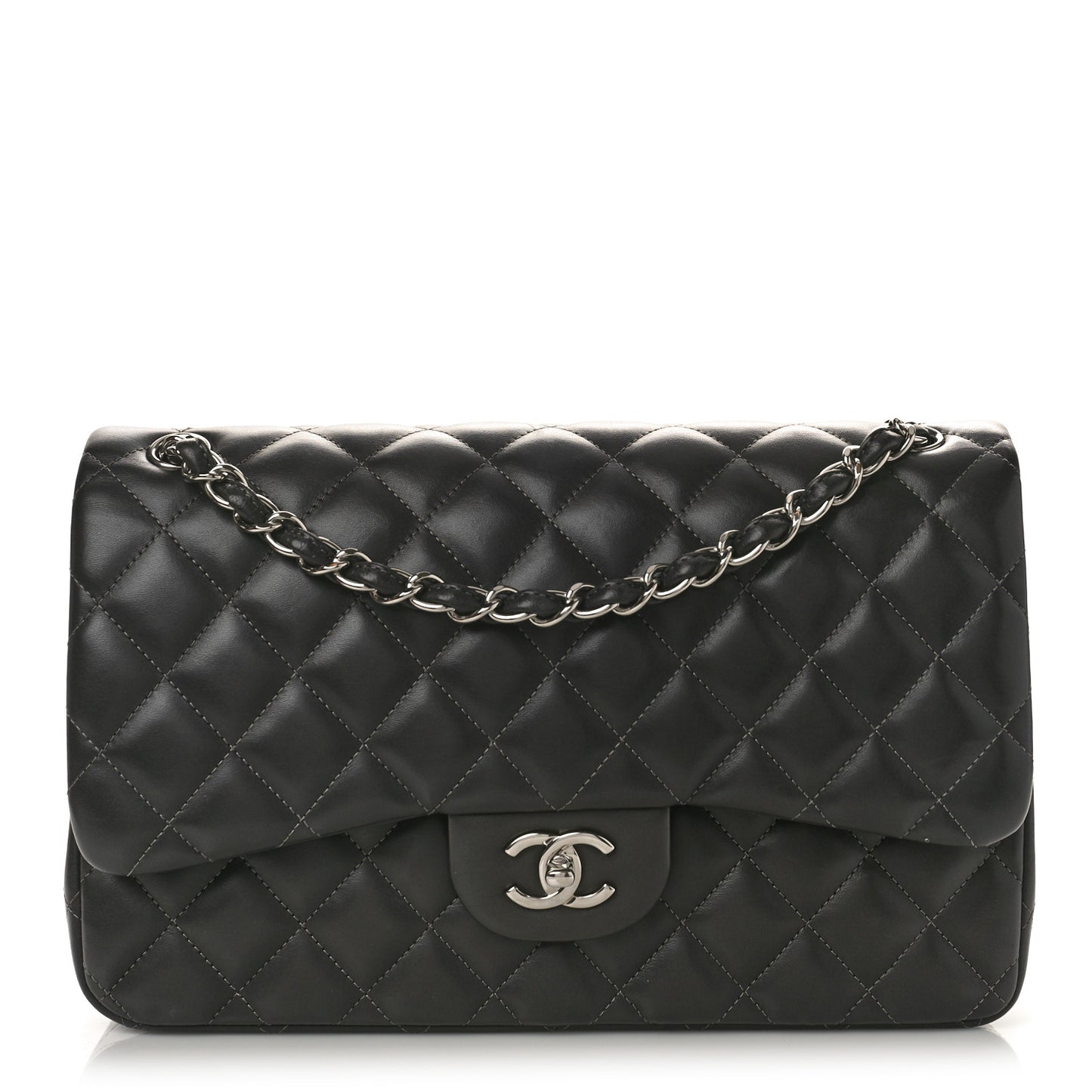 Lambskin Quilted Jumbo Double Flap Charcoal Grey
