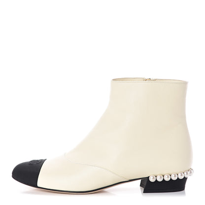 Chanel Lambskin Grosgrain Pearl Cap Toe Short Boots 40 Ivory Black 1 of 9