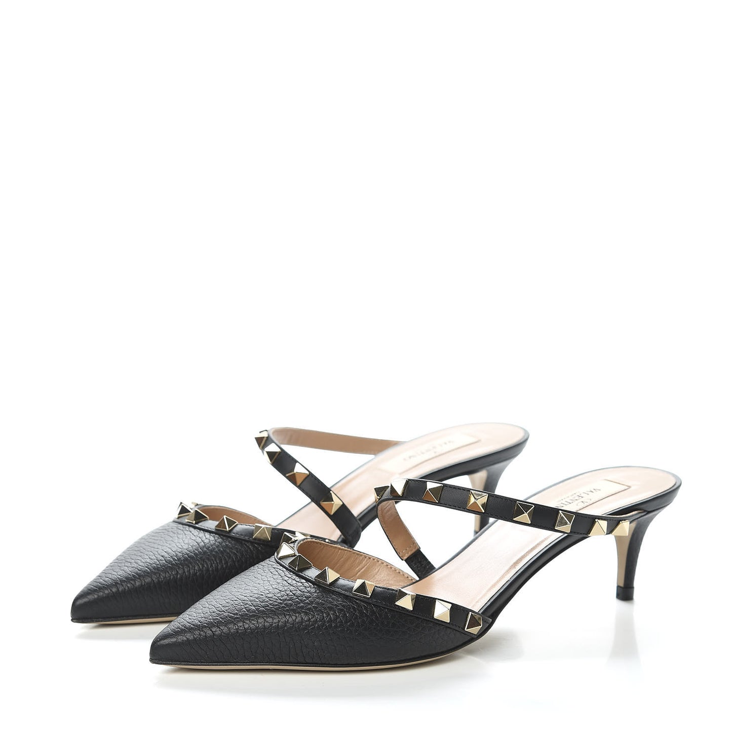Pebbled Calfskin Rockstud Cross Strap 50mm Mules 37.5 Black