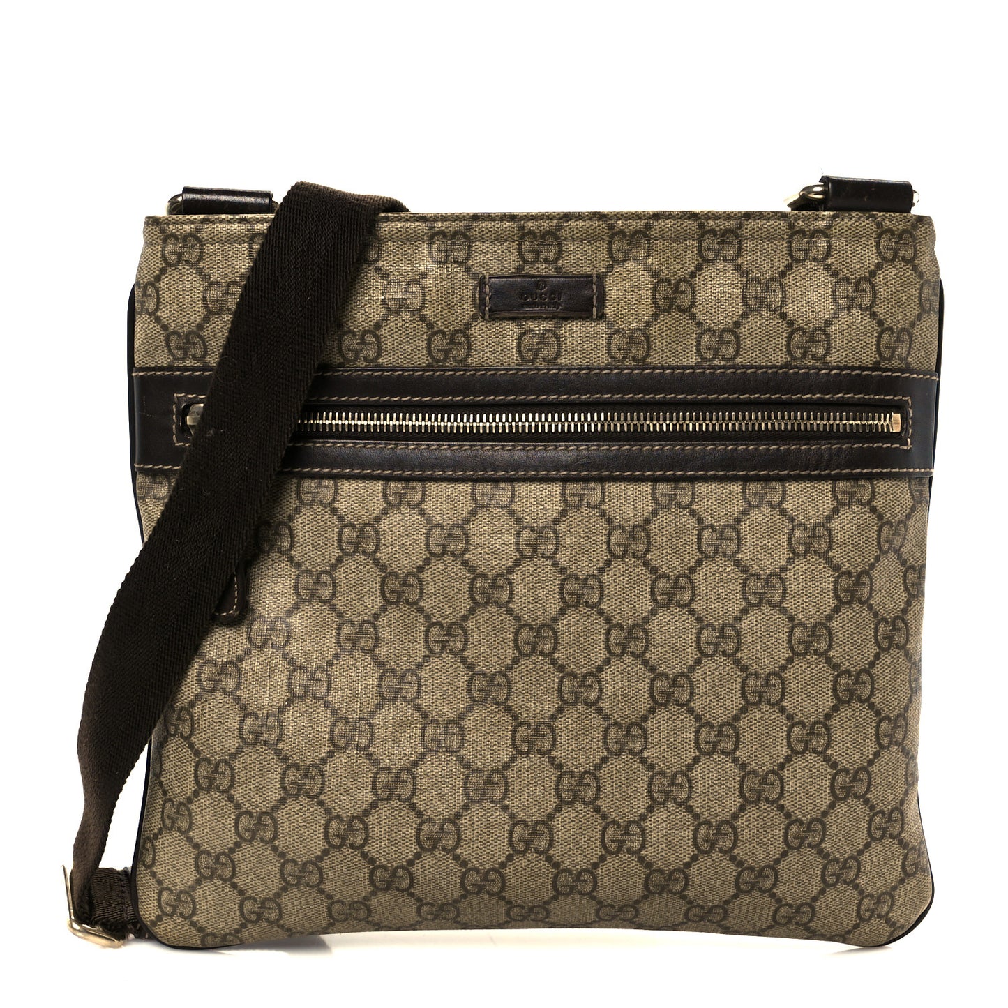 GG Supreme Monogram Selleria Calfskin Small Flat Side Zip Messenger Bag Beige Ebony Cocoa Dark Chocolate