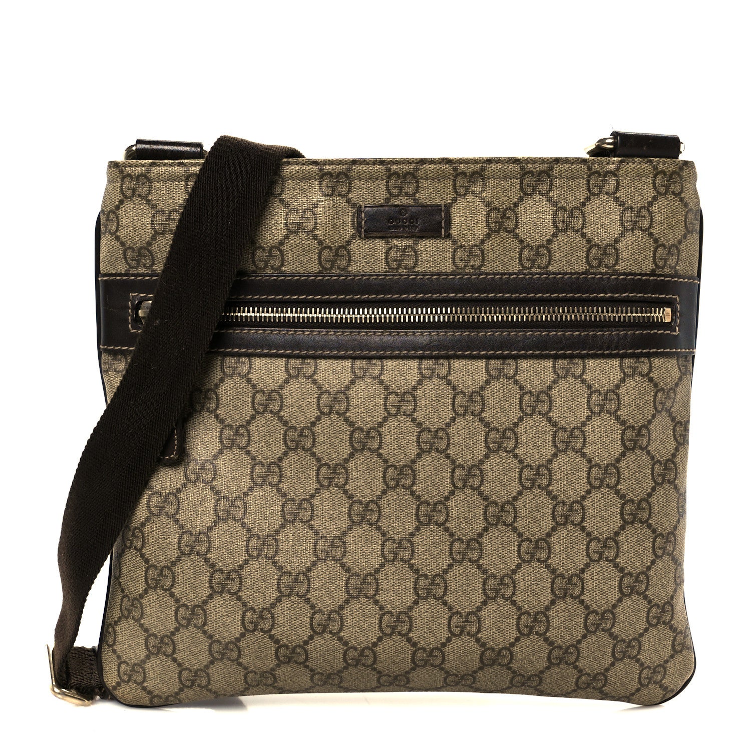 Gucci GG Supreme Monogram Selleria Calfskin Small Flat Side Zip Messenger Bag Beige Ebony Cocoa Dark Chocolate 1 of 12