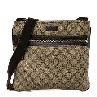 Gucci GG Supreme Monogram Selleria Calfskin Small Flat Side Zip Messenger Bag Beige Ebony Cocoa Dark Chocolate 1 of 12