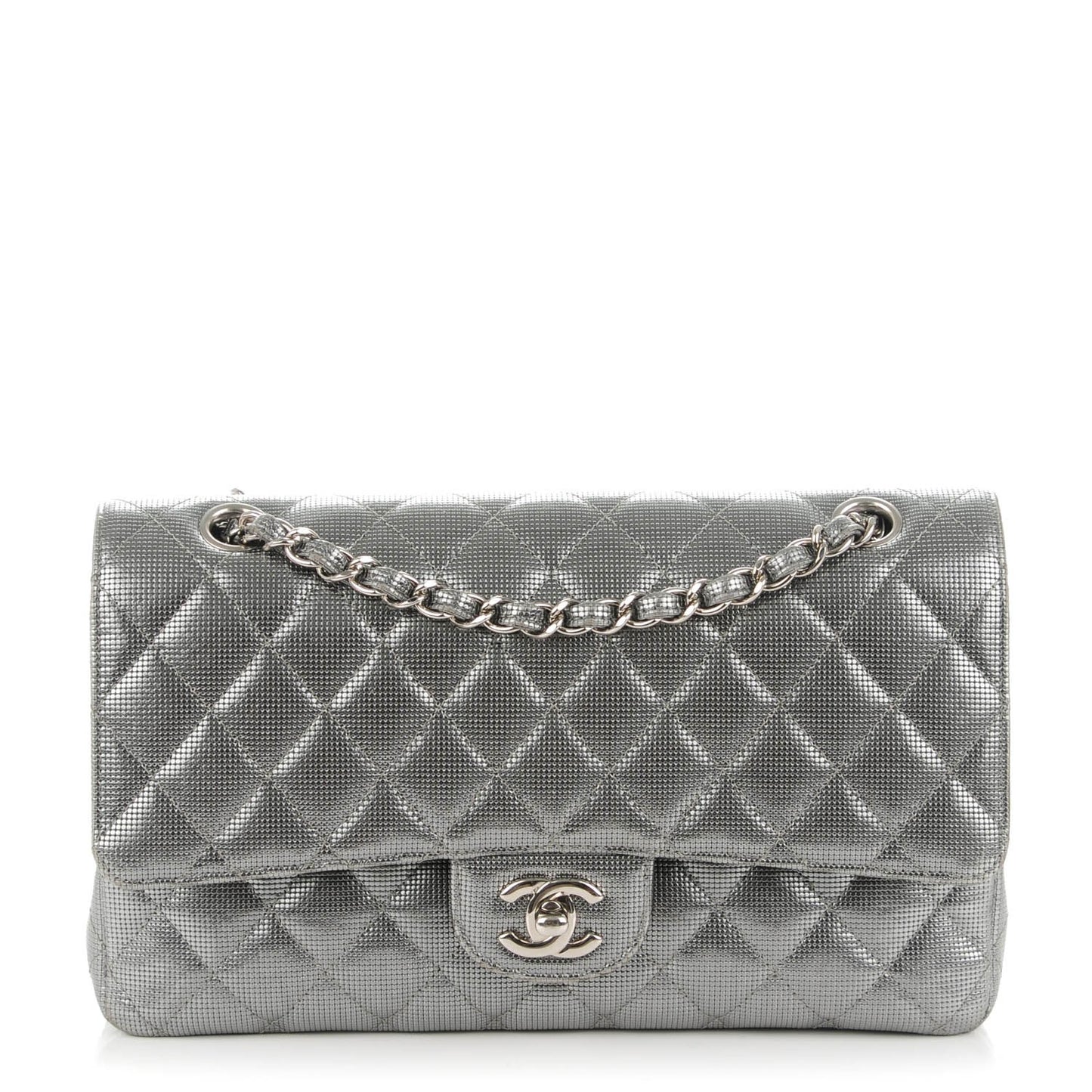Calfskin Metallic Pixel Effect Medium Double Flap Silver