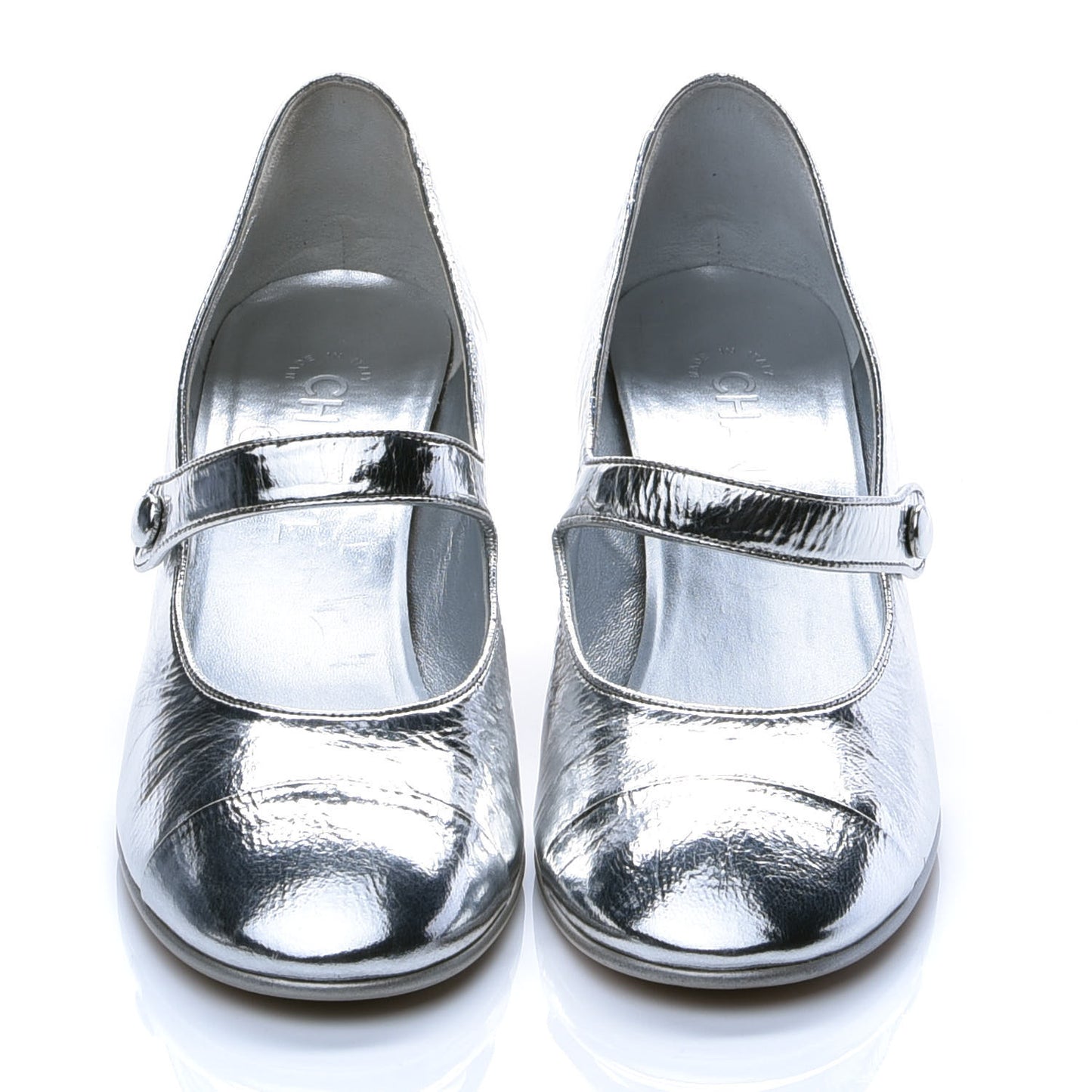 Metallic Patent Calfskin Mary Jane Strap Pumps 38.5 Silver