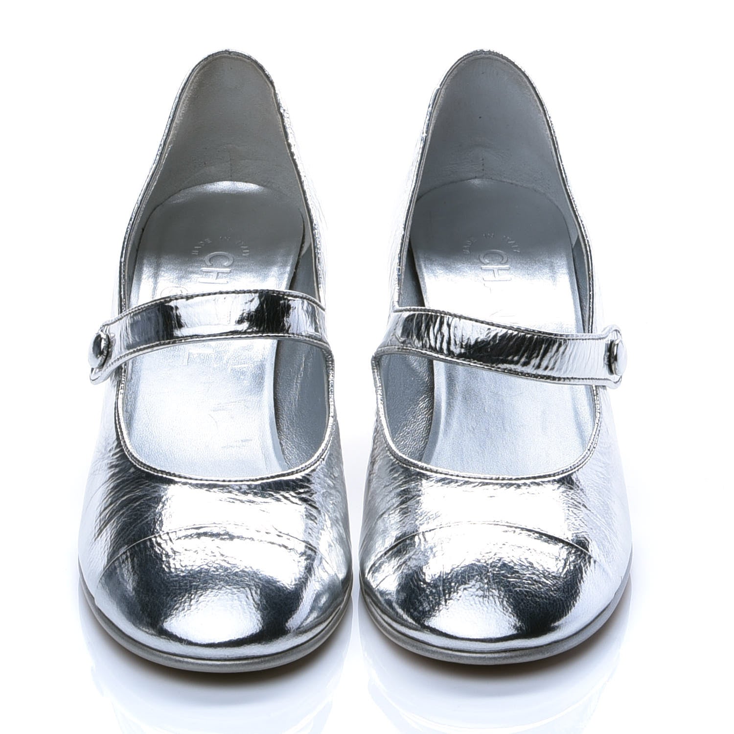 Chanel Metallic Patent Calfskin Mary Jane Strap Pumps 38.5 Silver 4 of 8