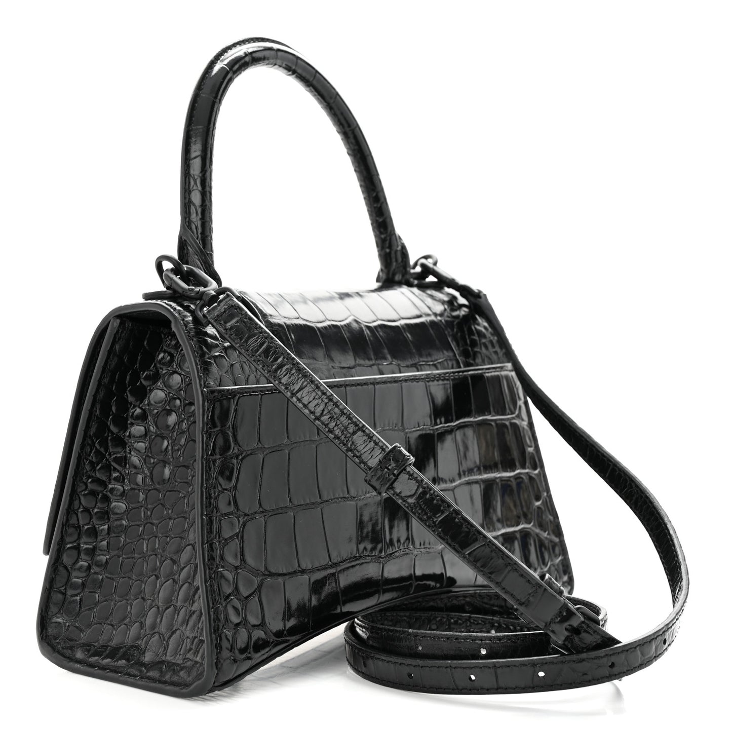 Shiny Calfskin Monochrome Crocodile Embossed Small Hourglass Top Handle Bag Black