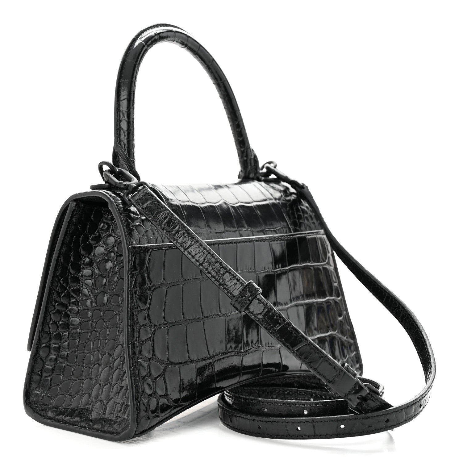 Balenciaga Shiny Calfskin Monochrome Crocodile Embossed Small Hourglass Top Handle Bag Black 3 of 11