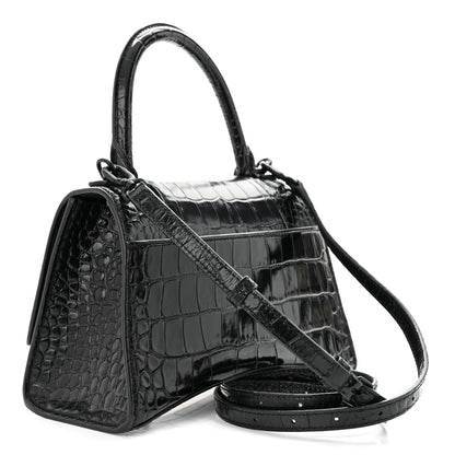 Balenciaga Shiny Calfskin Monochrome Crocodile Embossed Small Hourglass Top Handle Bag Black 3 of 11