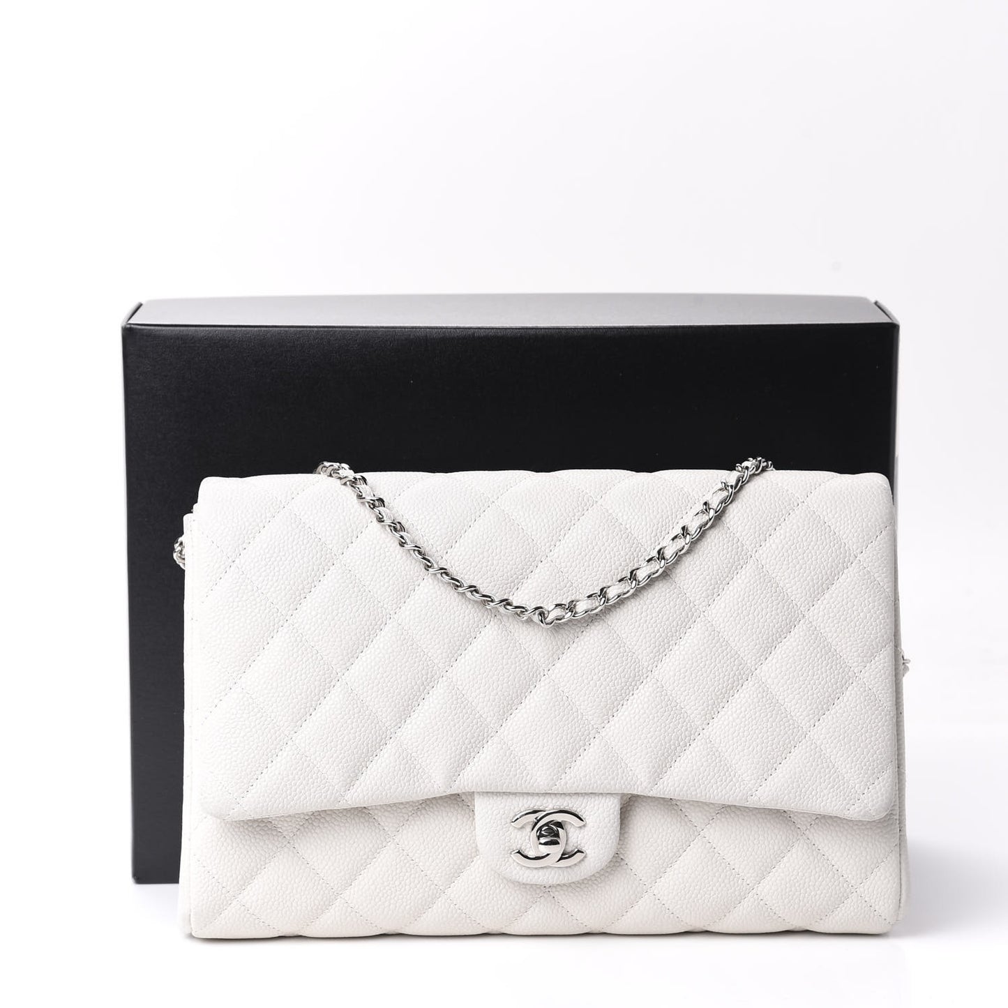 Caviar Quilted Clutch With Chain Flap White