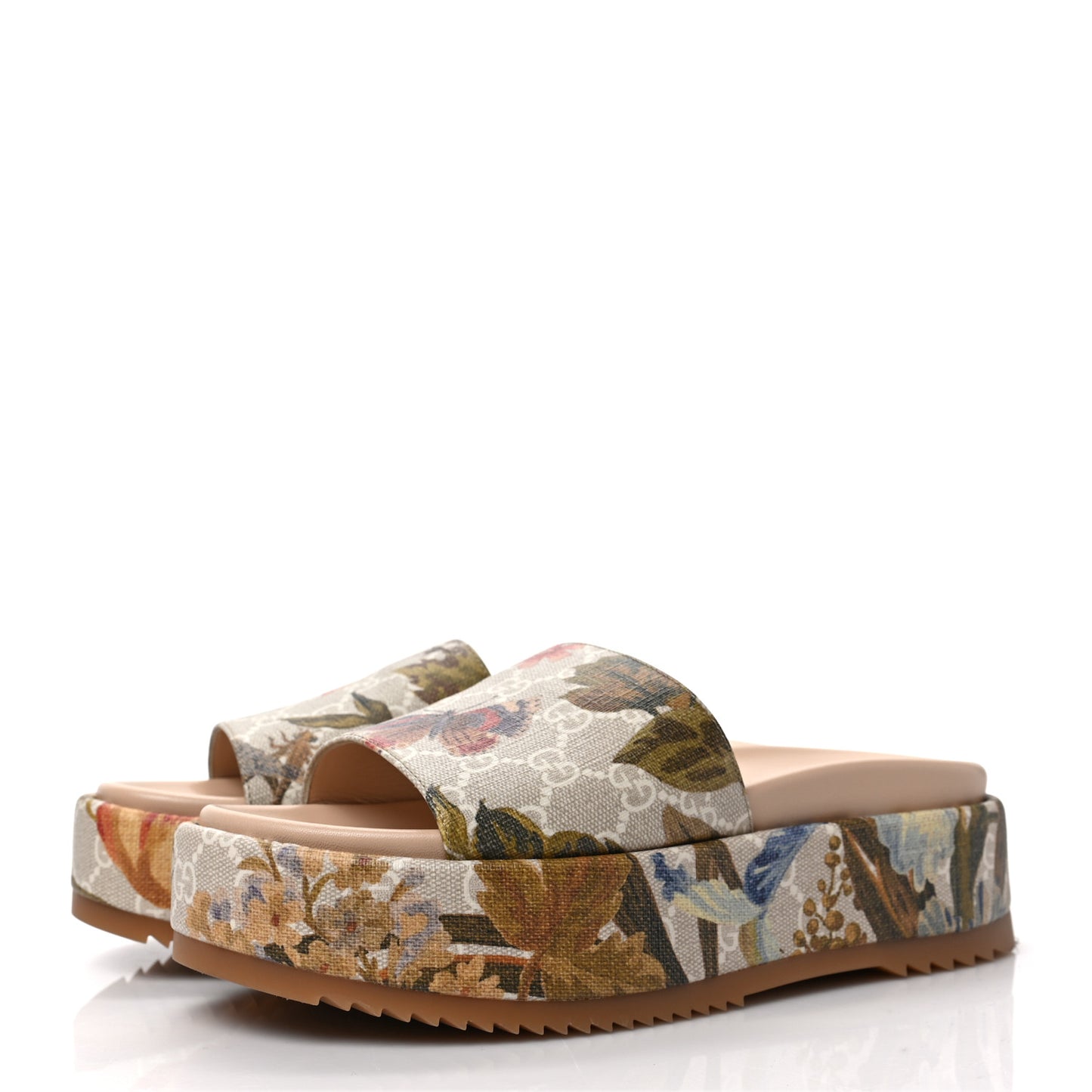 GG Supreme Monogram Water Flora Angelina Platform Slide Sandals 37.5 Beige White Multicolor