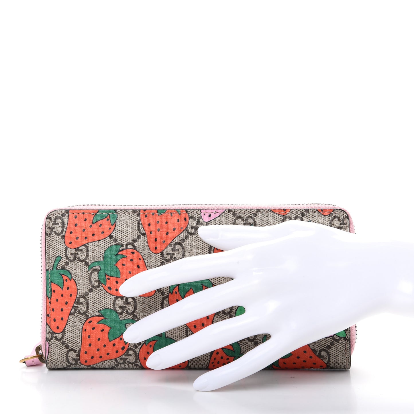 GG Supreme Monogram Strawberry Zip Around Wallet Light Pink